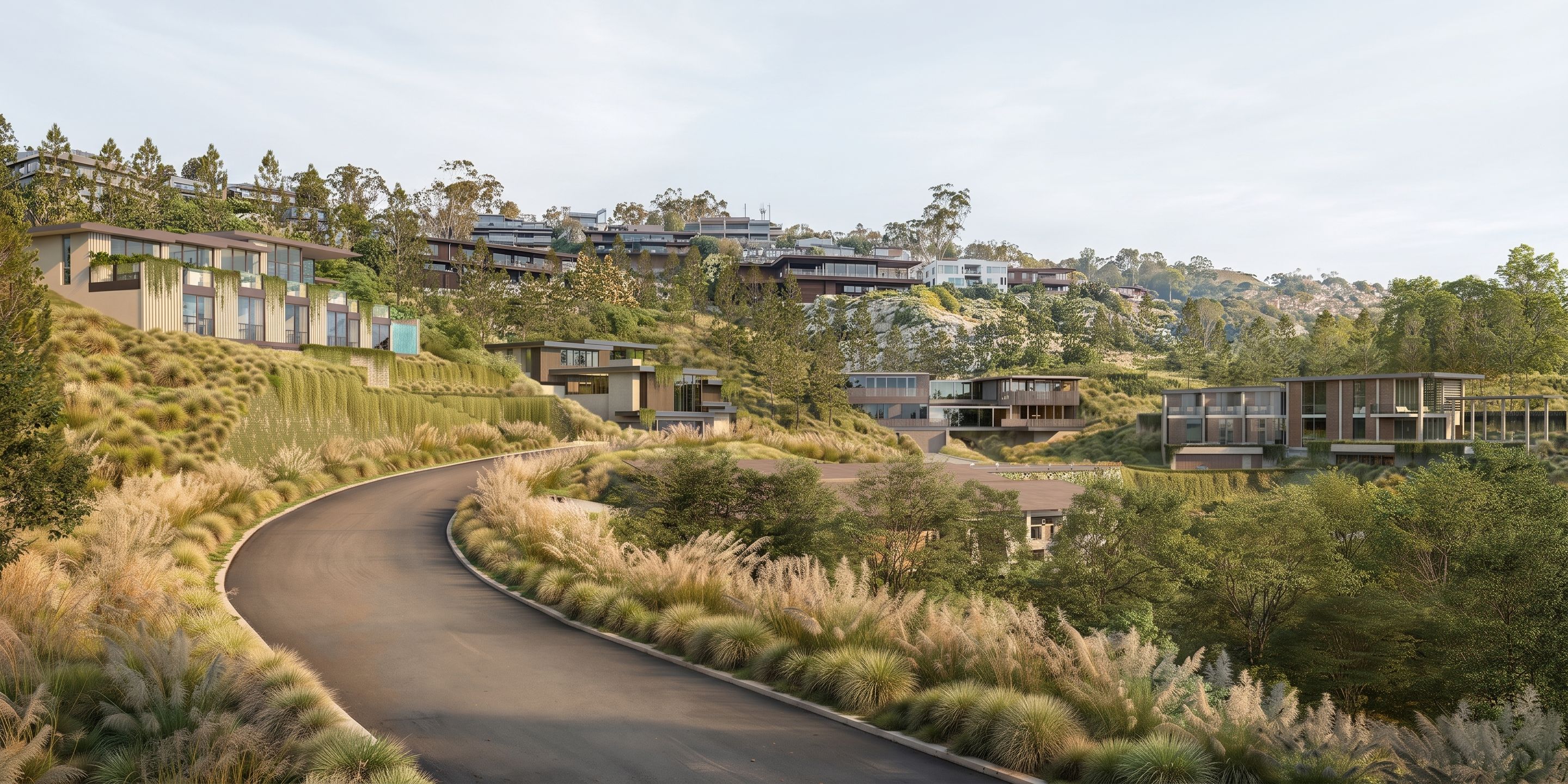 A photorealistic 3D architectural rendering by NoTriangle Studio showing a street-level view of the Carrizo Lots development in La Jolla, California, the winding access road curving up through dense native ornamental grasses toward the four modern homes stepping up the landscaped hillside.