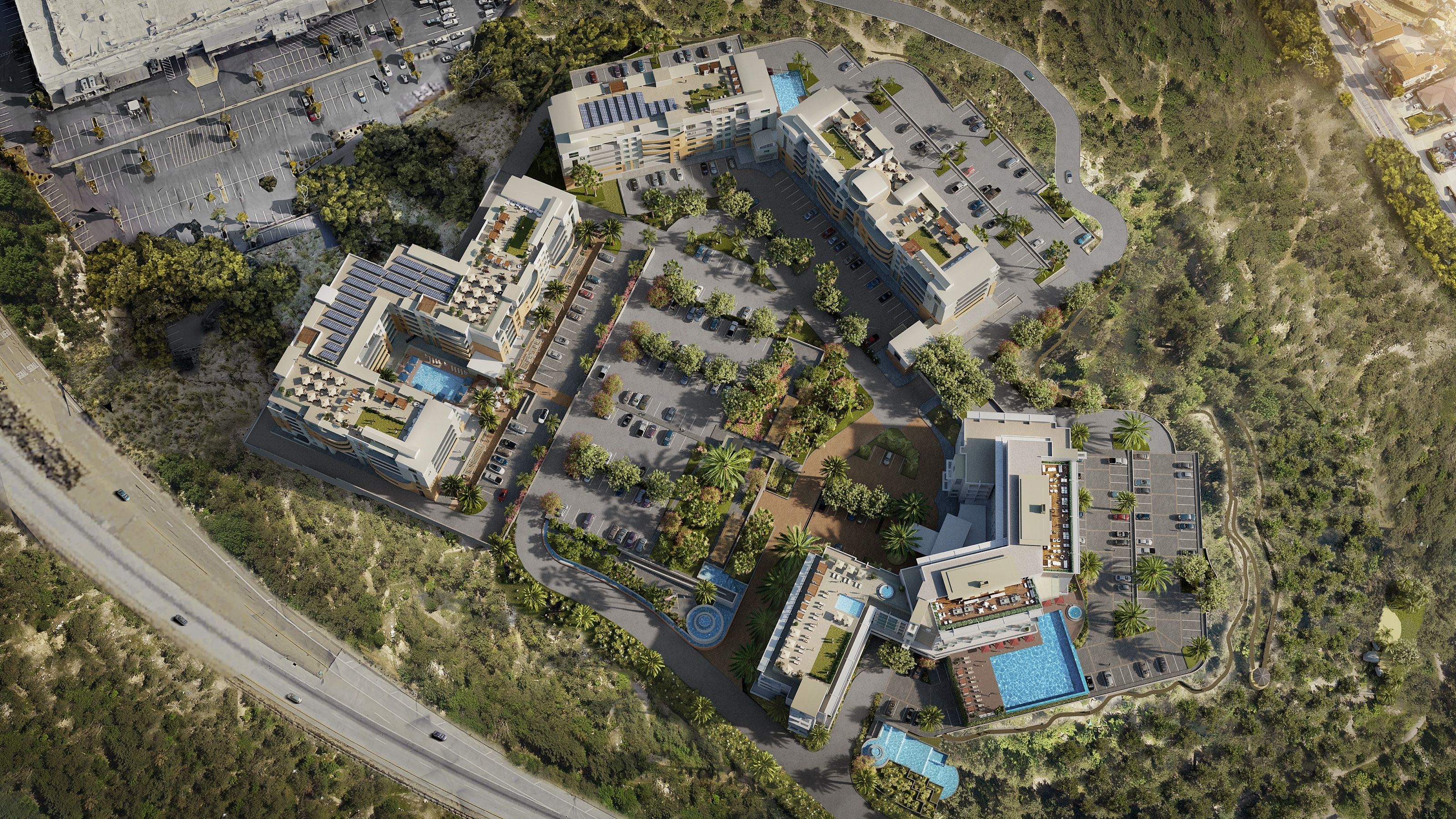 Overhead aerial 3D rendering of the Casey Road senior community campus in Moorpark, California