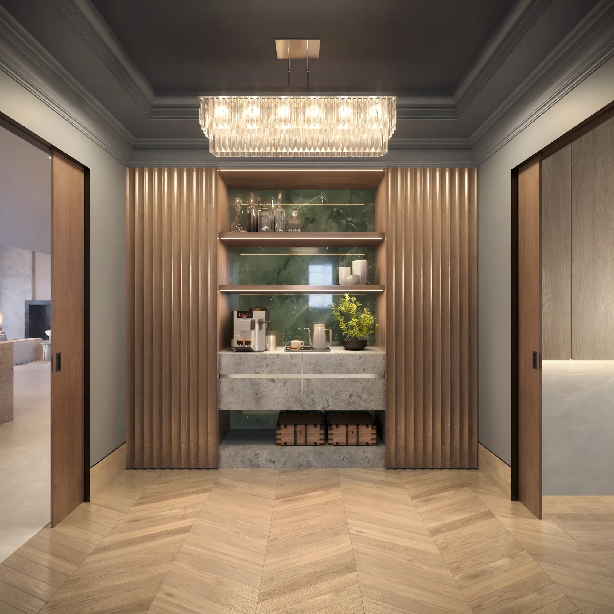 3D interior rendering of the Chatsboro Drive coffee bar, a green marble niche framed by fluted walnut panels under a crystal chandelier, with a herringbone oak floor