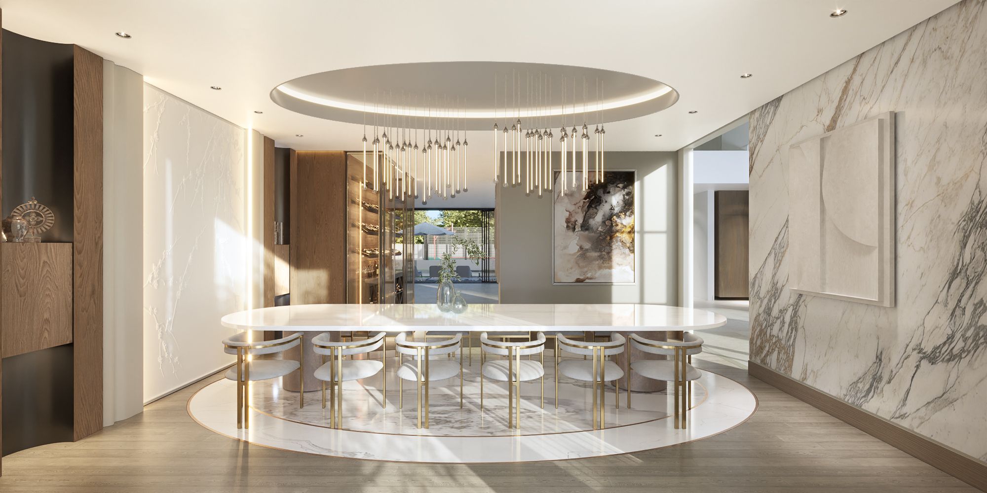 3D interior rendering of the Chatsboro Drive formal dining room with an oval marble table, a cascading rod chandelier, and book-matched marble walls