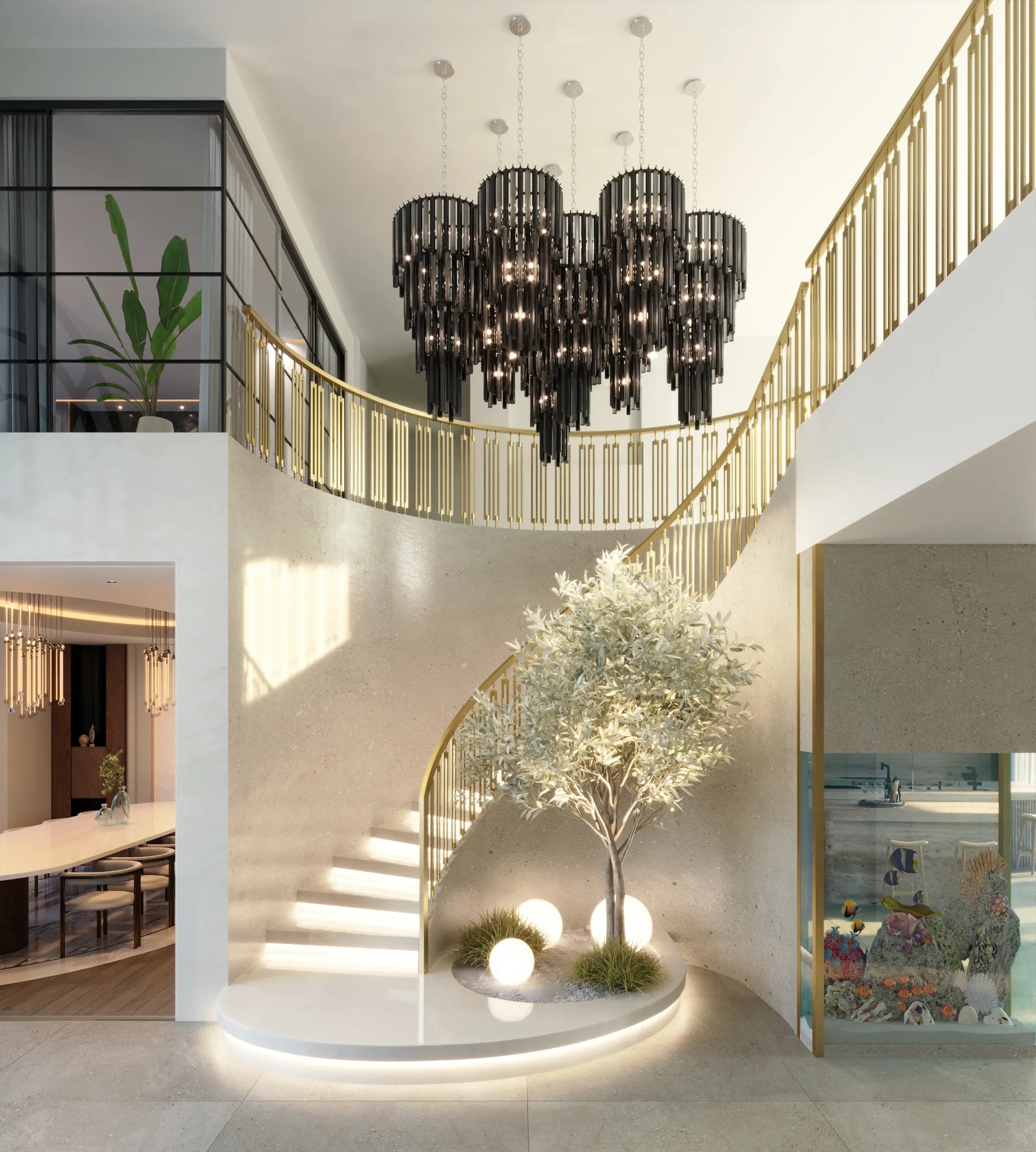 3D interior rendering of the Chatsboro Drive entry foyer with a curved staircase and brass balustrade, a cluster of black tiered chandeliers, an indoor tree on a lit plinth, and a built-in aquarium