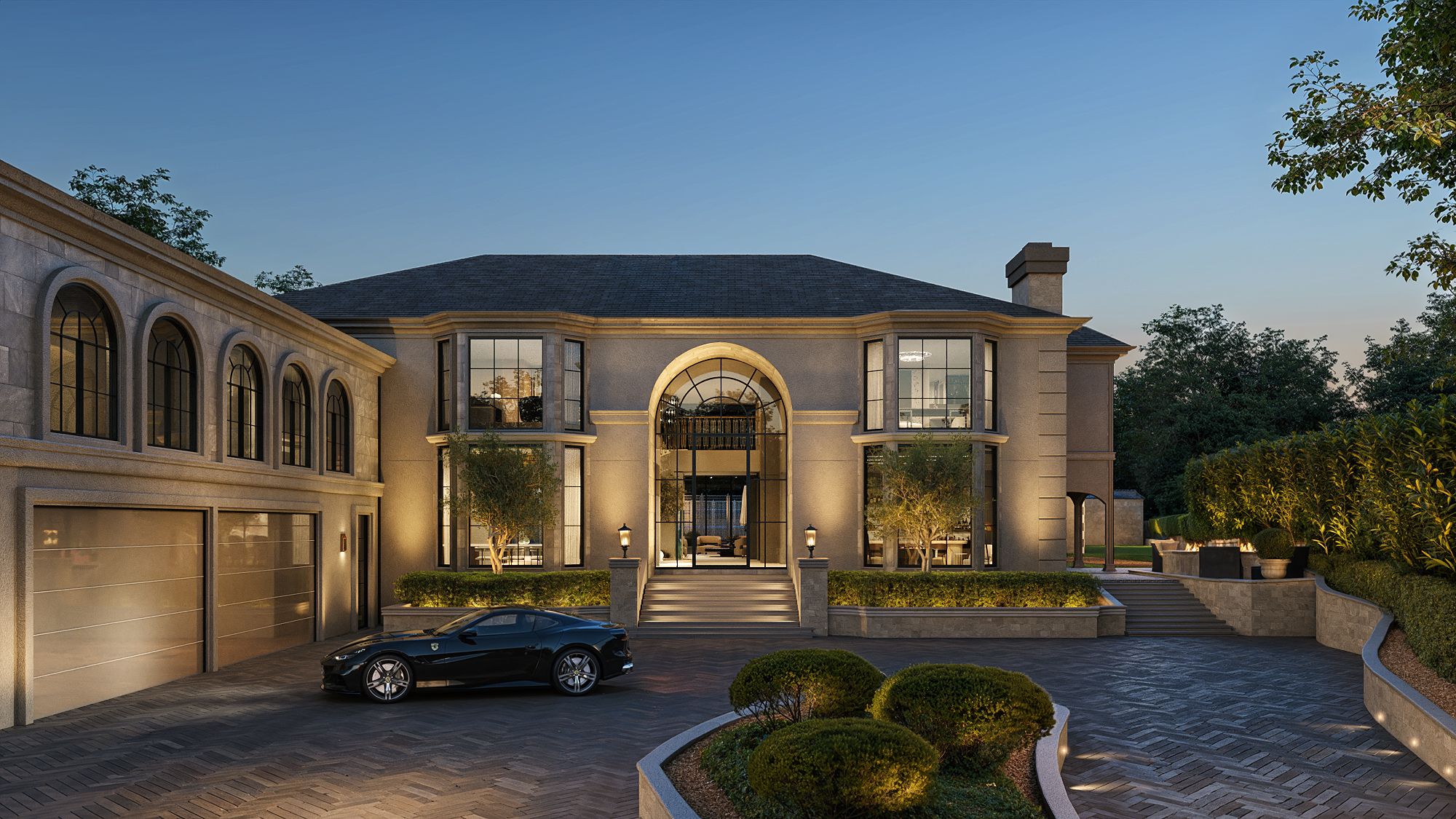 Luxury single-family home rendering at dusk