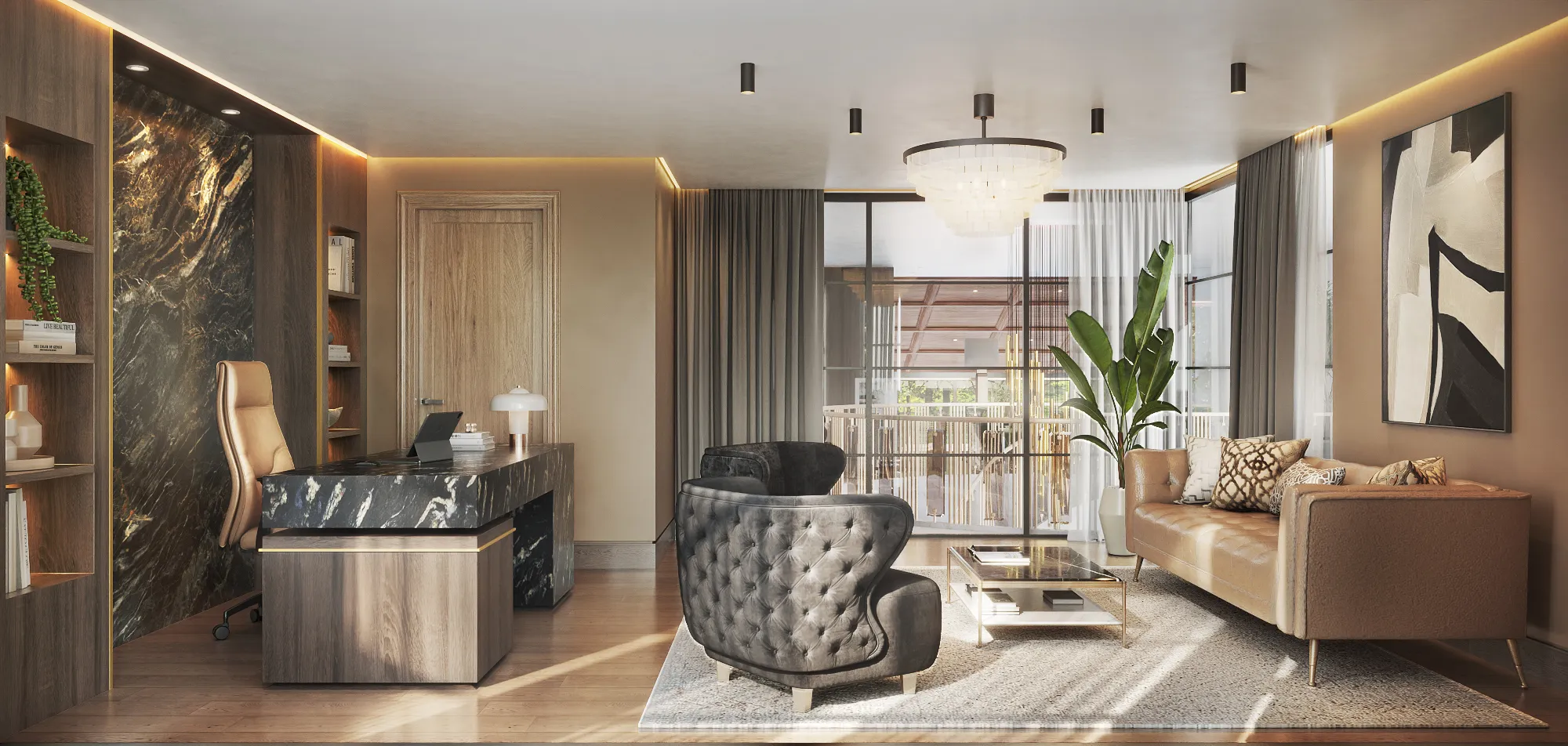 3D interior rendering of the Chatsboro Drive home office with a black marble desk, a tufted leather armchair, a tan sofa, and full-height windows to a balcony