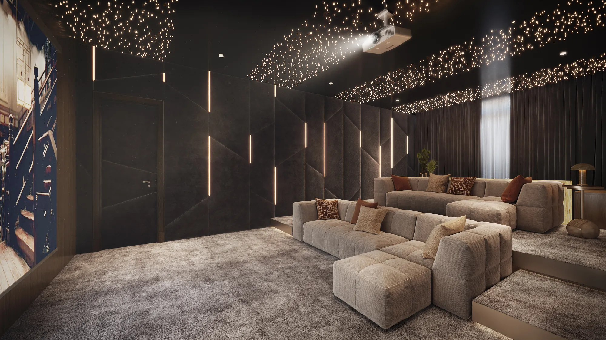 3D interior rendering of the Chatsboro Drive home theater with a fiber-optic star ceiling, backlit wall panels, and deep modular seating