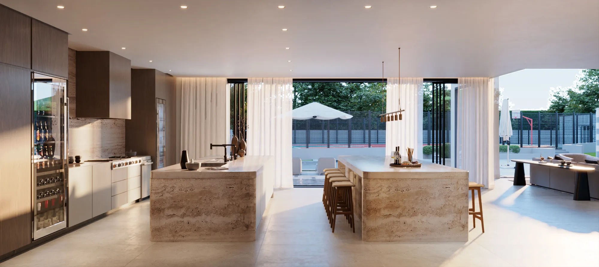 3D interior rendering of the Chatsboro Drive kitchen with twin travertine islands, walnut cabinetry, a glass-front wine fridge, and sheer curtains framing the garden