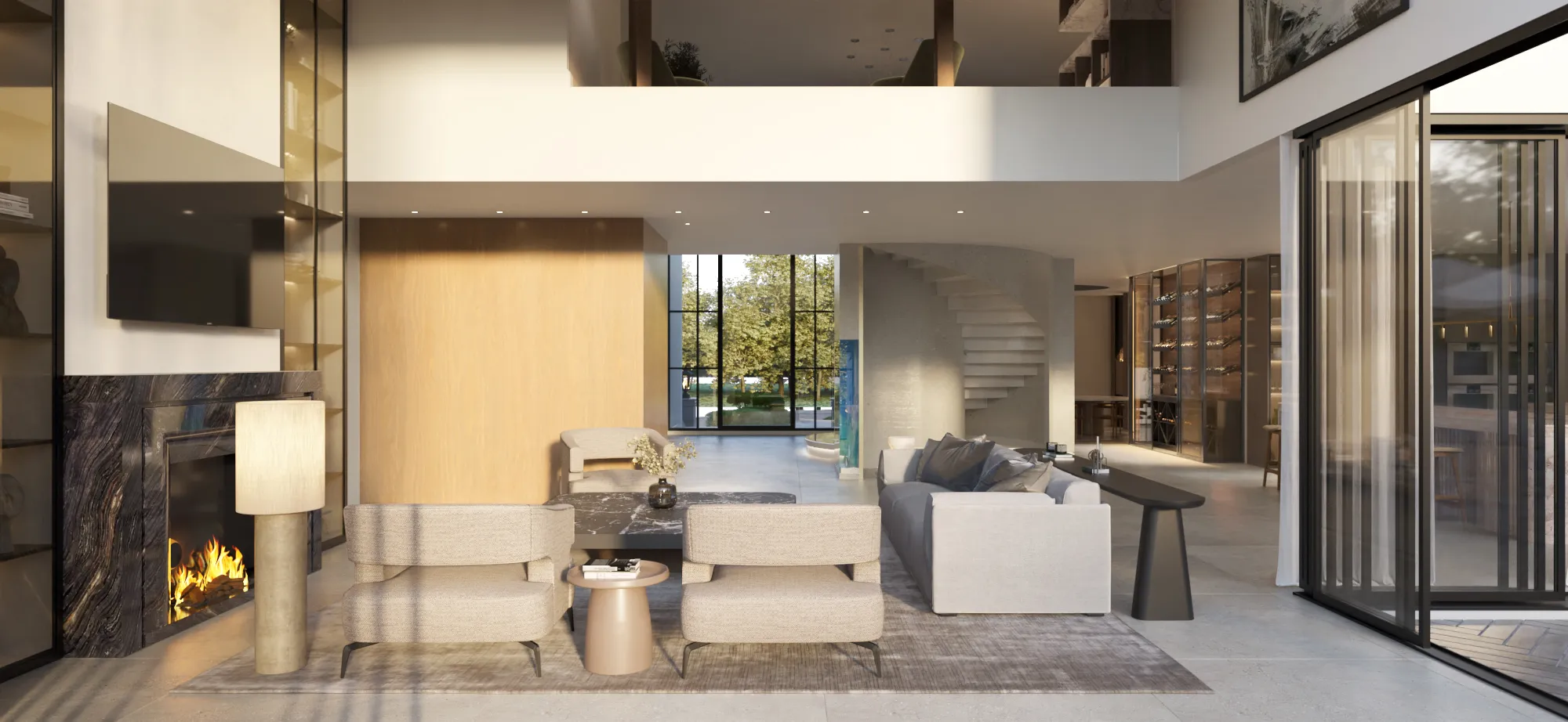3D interior rendering of the double-height Chatsboro Drive living room with a marble fireplace, paired lounge chairs, a sculptural staircase beyond, and sliding glass walls to the terrace