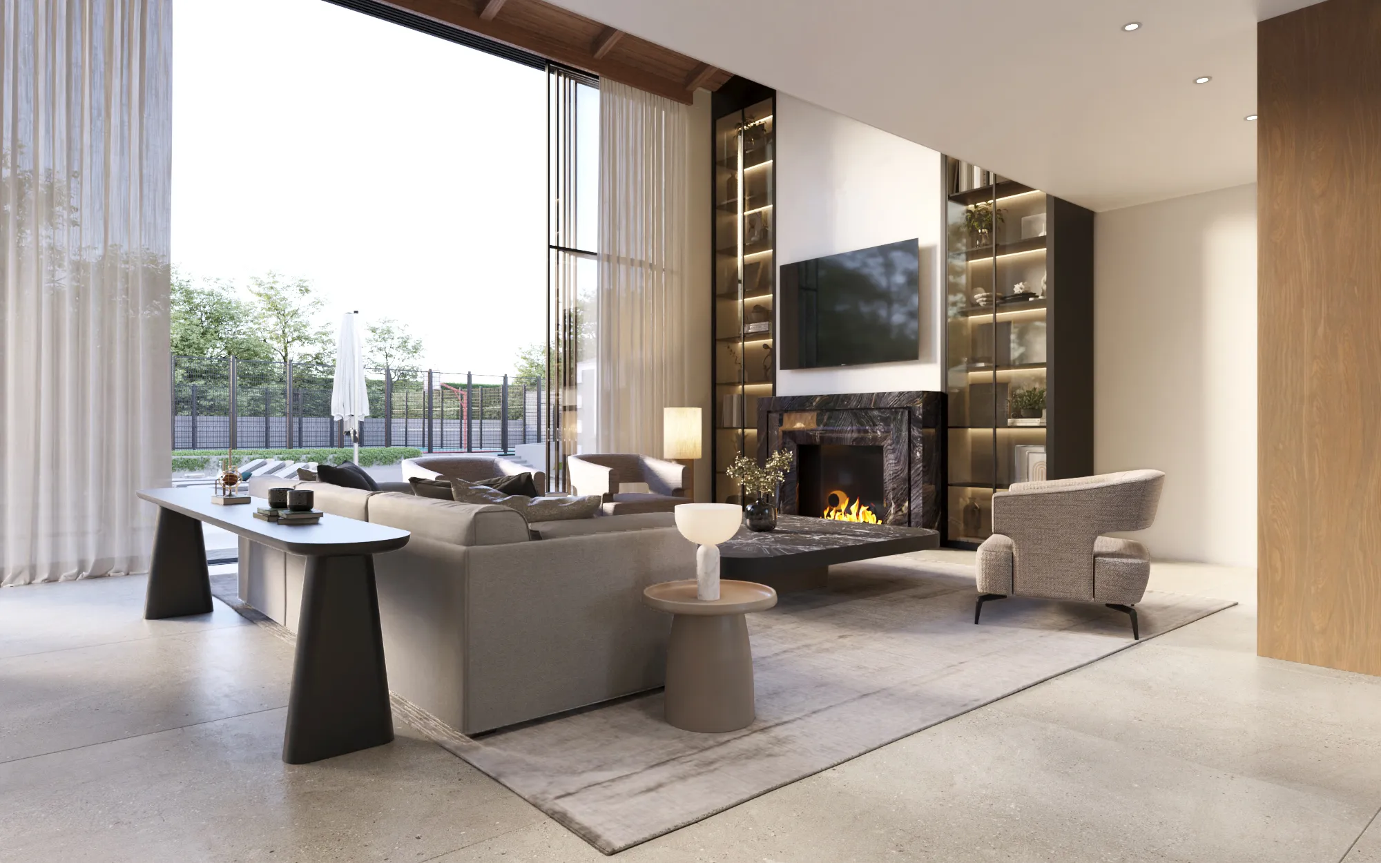 3D interior rendering of the Chatsboro Drive living room with a black marble fireplace between lit display shelving, a grey sectional, and full-height glass open to the garden