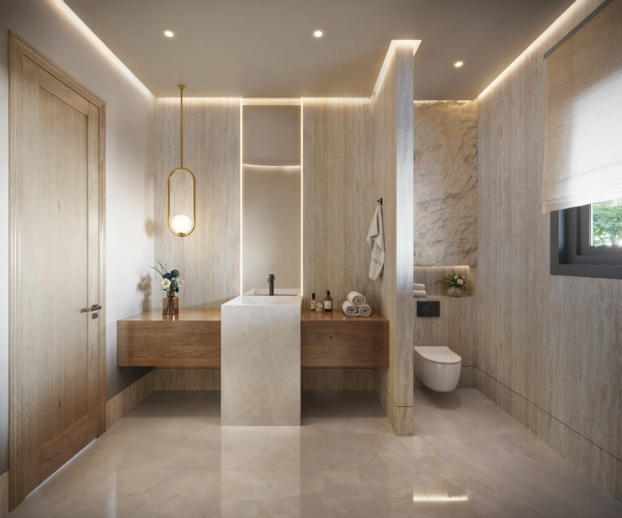 3D interior rendering of the Chatsboro Drive powder room with travertine walls, a stone pedestal sink on a floating oak vanity, and a brass pendant light