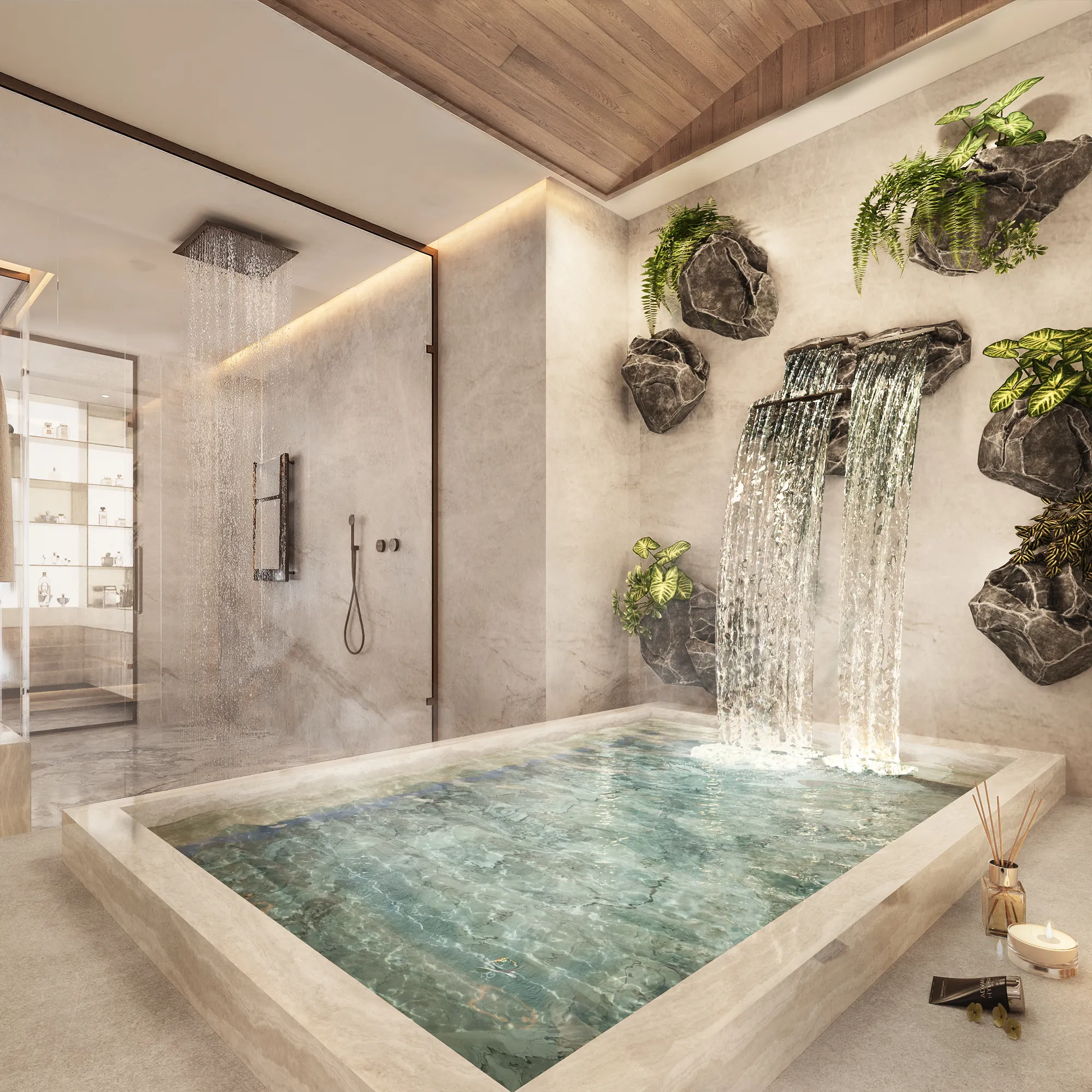 3D interior rendering of the Chatsboro Drive primary bath with a sunken stone soaking tub fed by wall waterfalls among planted boulders, beside a rain shower