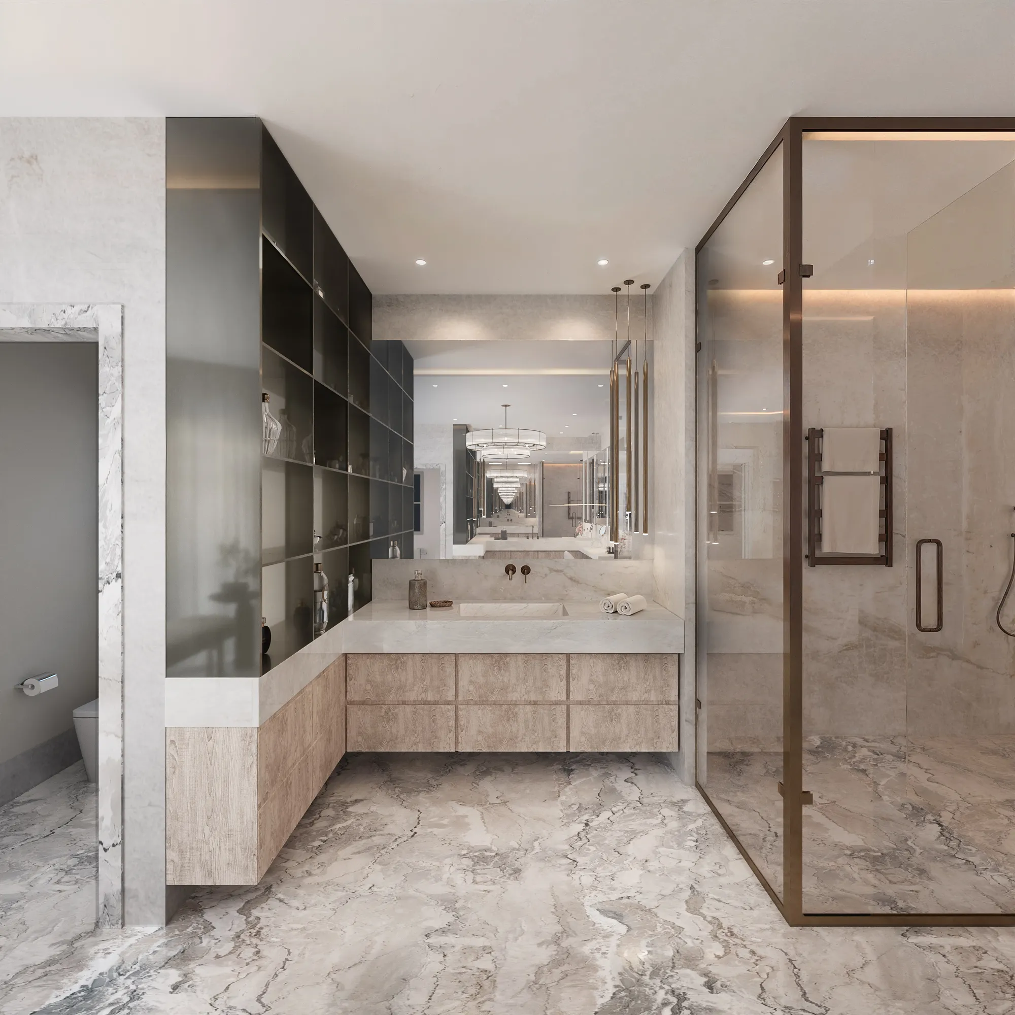 3D interior rendering of the Chatsboro Drive primary bath vanity with an integrated stone sink, open dark glass shelving, a bronze-framed glass shower, and marble floors