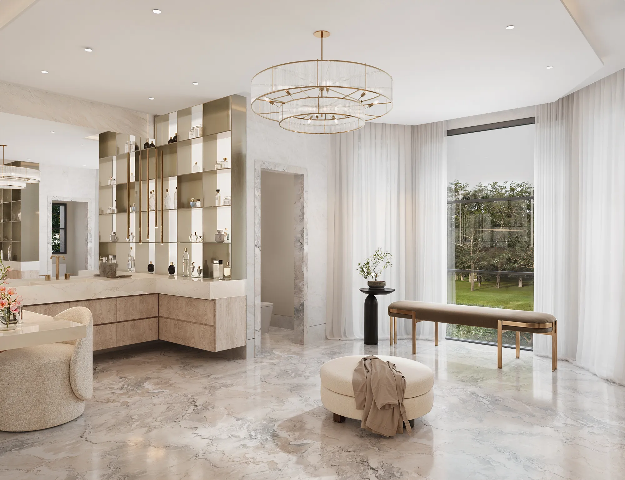 3D interior rendering of the Chatsboro Drive primary bath dressing area with marble floors, a ring chandelier, lit display shelving, a vanity, and a window bench facing the garden