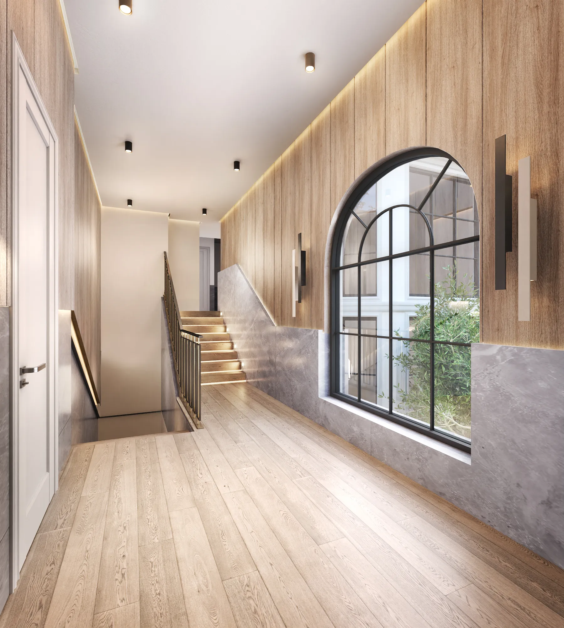 3D interior rendering of the Chatsboro Drive second-floor hallway with oak wall paneling over a stone wainscot, an arched steel-framed window, and wide-plank oak floors