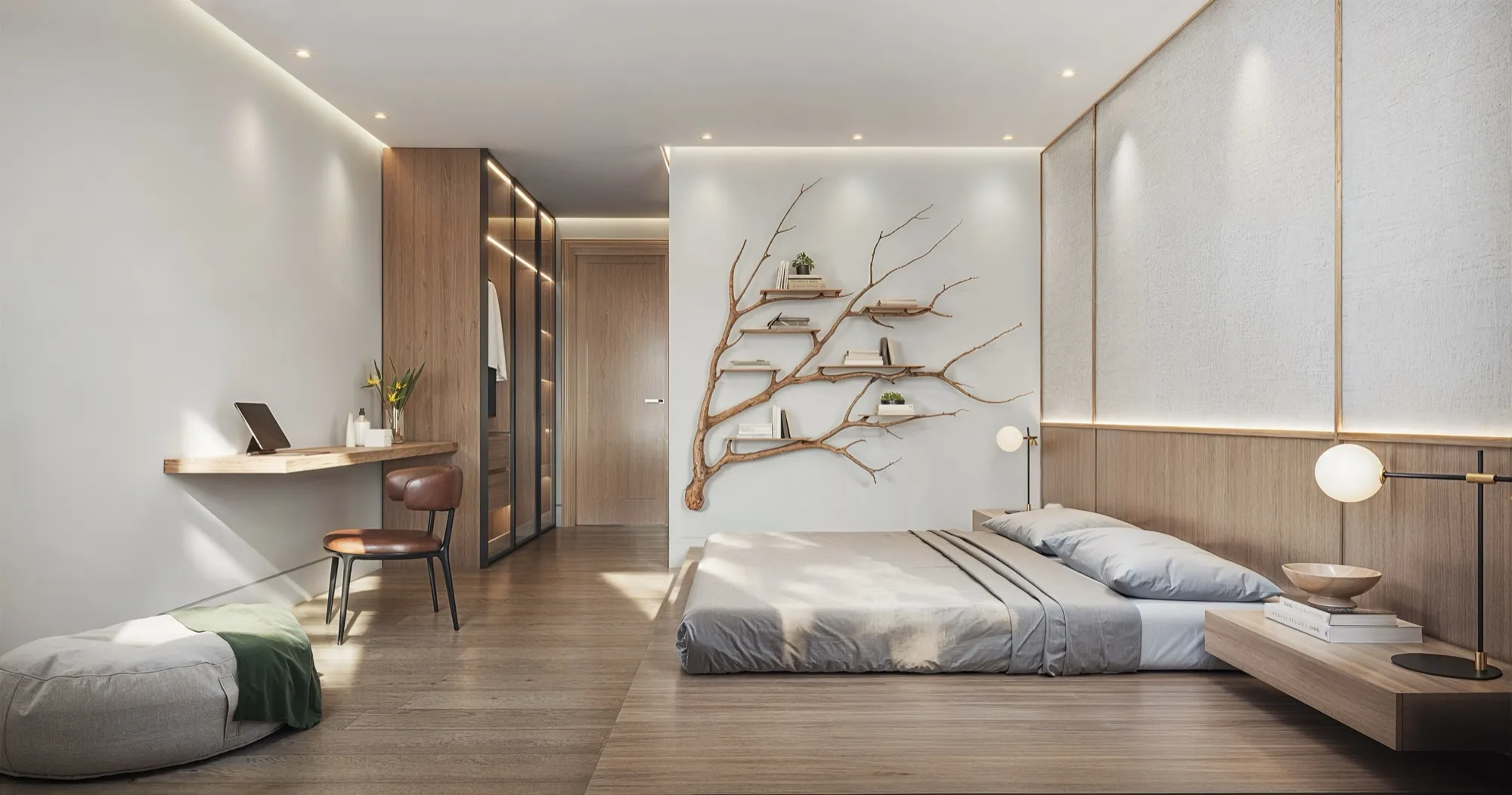 3D interior rendering of a Chatsboro Drive secondary bedroom with a low platform bed, a branch-shaped wall shelf, a floating desk, and an oak wardrobe with glass doors