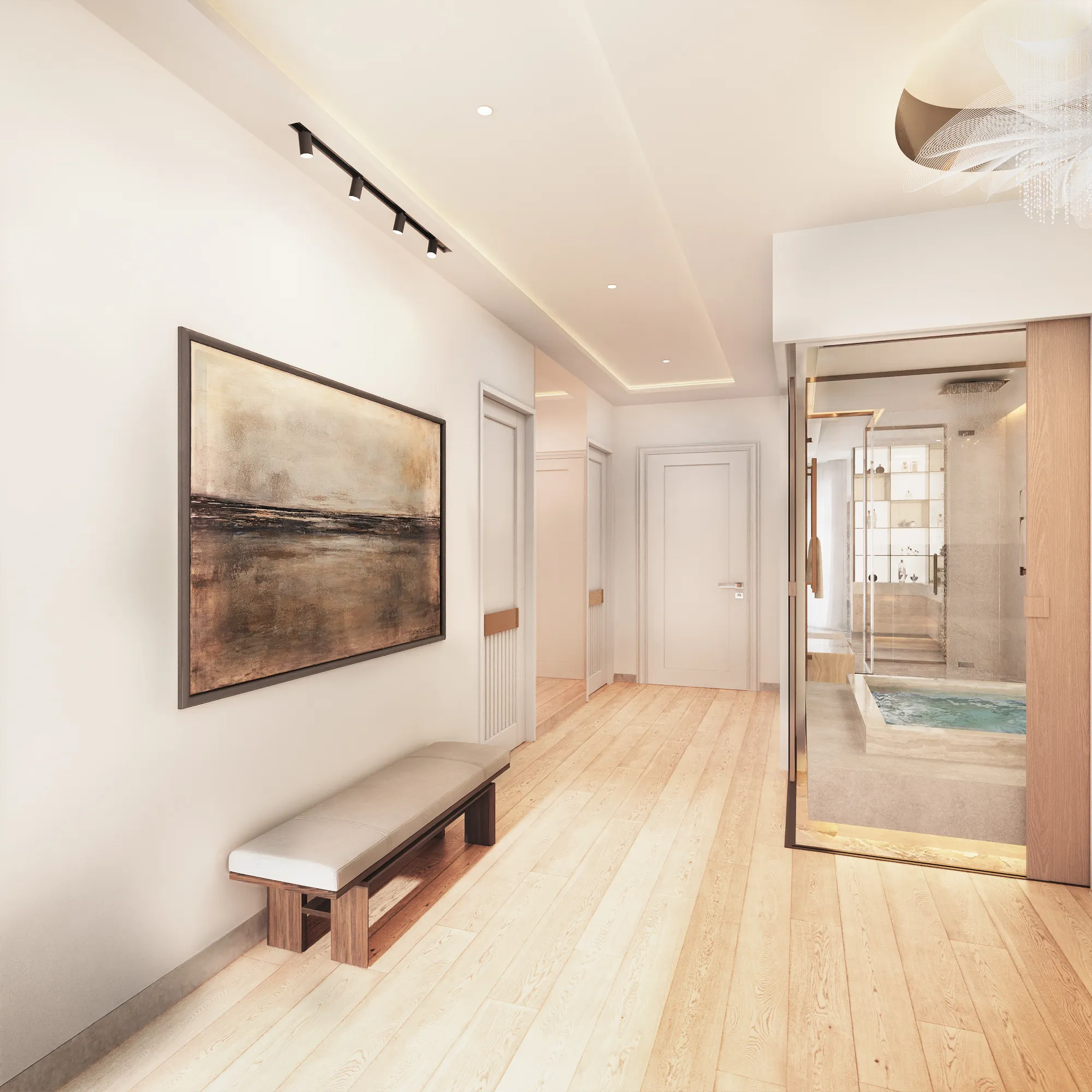3D interior rendering of a Chatsboro Drive corridor with a long abstract painting and a bench, leading through glass doors to the primary bath and its sunken tub