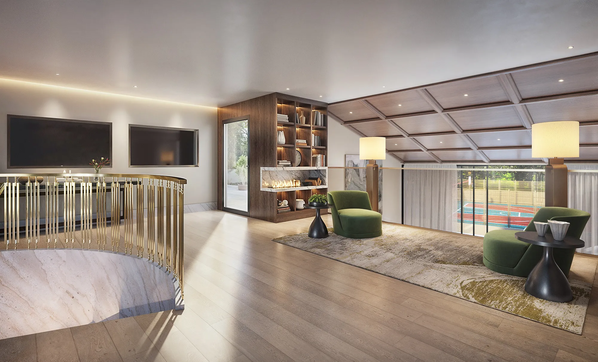 3D interior rendering of the Chatsboro Drive upper lounge with a brass gallery railing, green velvet swivel chairs, a walnut bookcase with a fireplace, and a view to the sport court