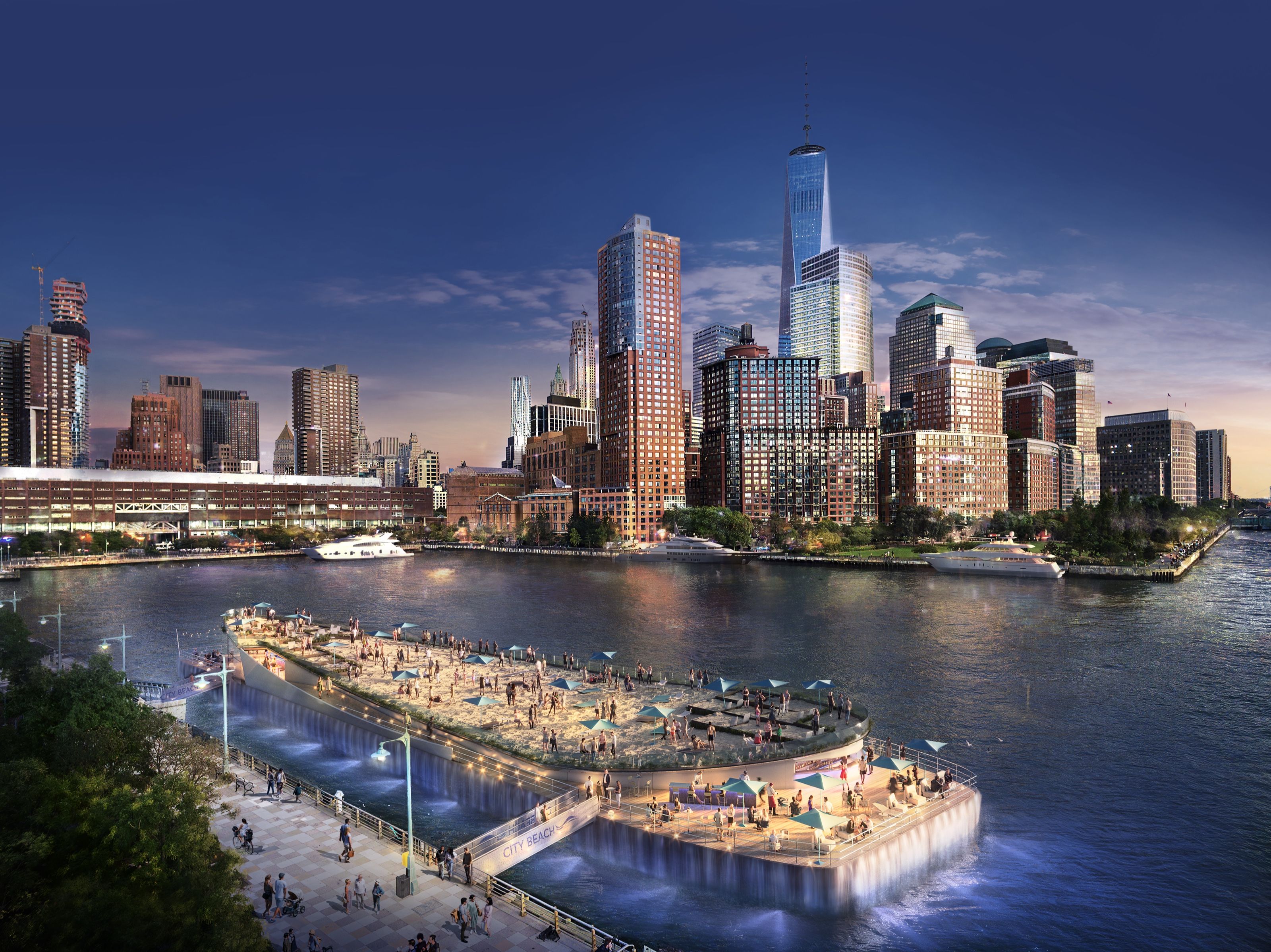 3D rendering of a modern cityscape featuring skyscrapers and waterfront, created using professional 3D rendering services.