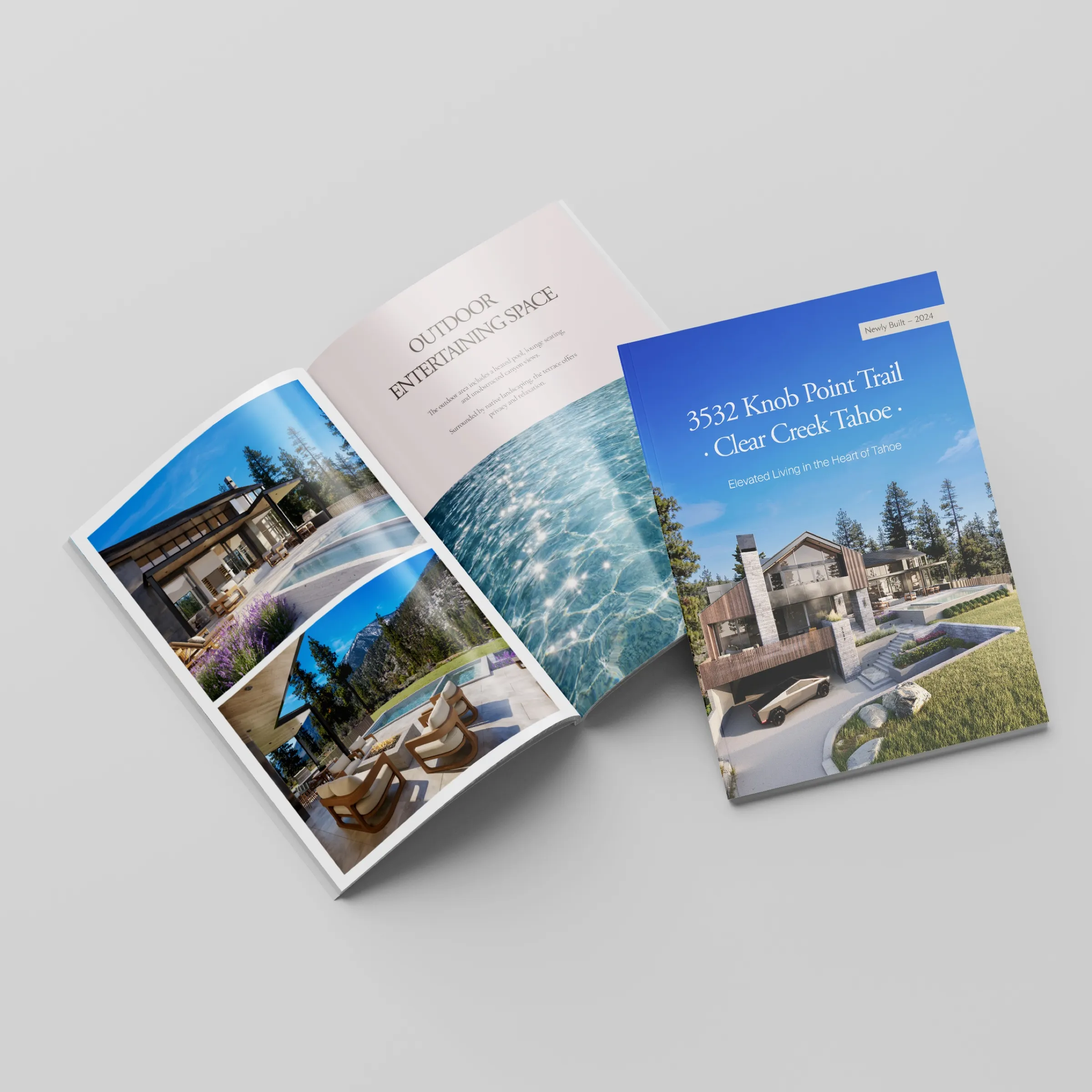 Open Clear Creek Tahoe brochure showing an outdoor entertaining spread with pool and terrace 3D renderings, next to the closed brochure cover.
