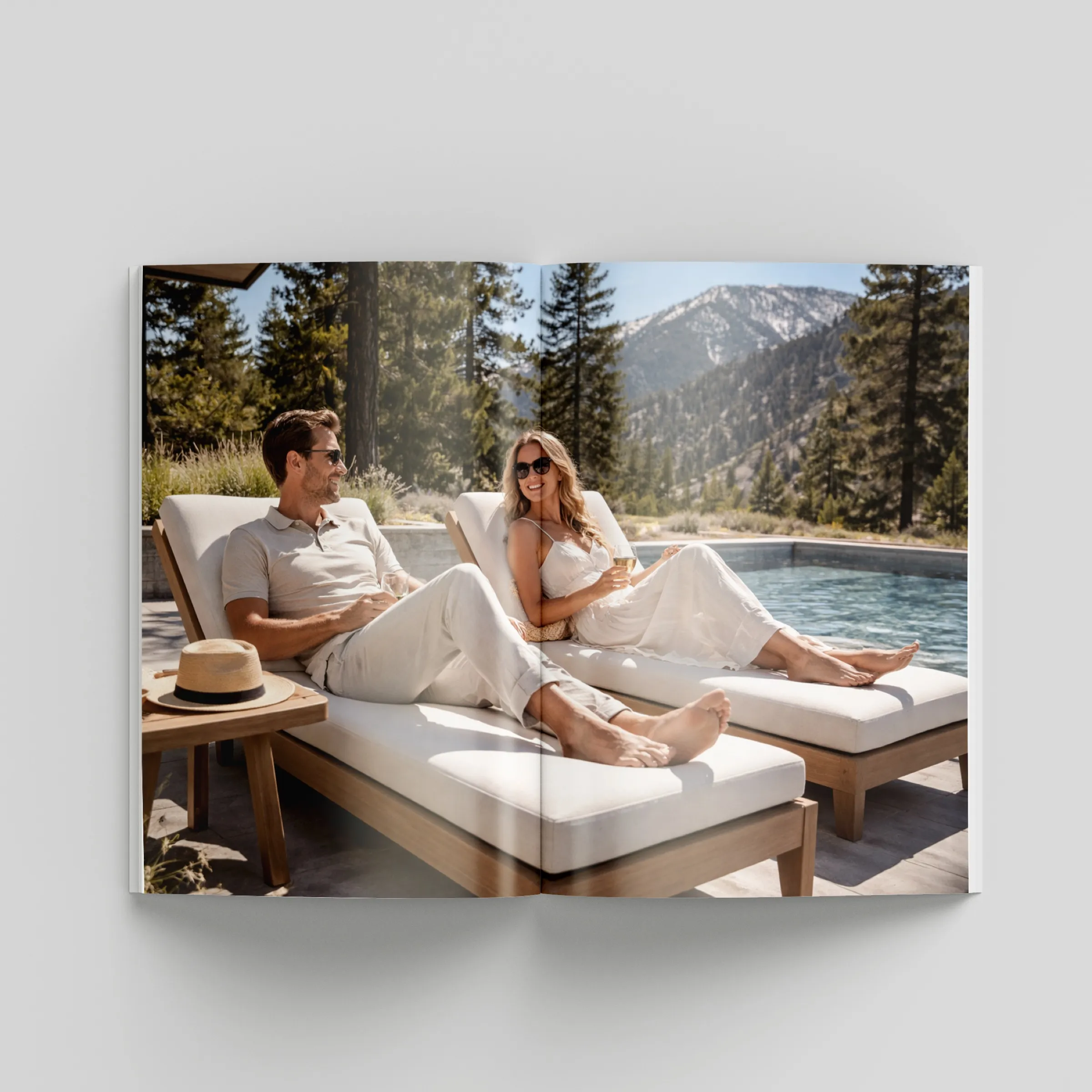 Clear Creek Tahoe brochure spread with a lifestyle 3D rendering of a couple relaxing on pool loungers, pine forest and mountains behind.