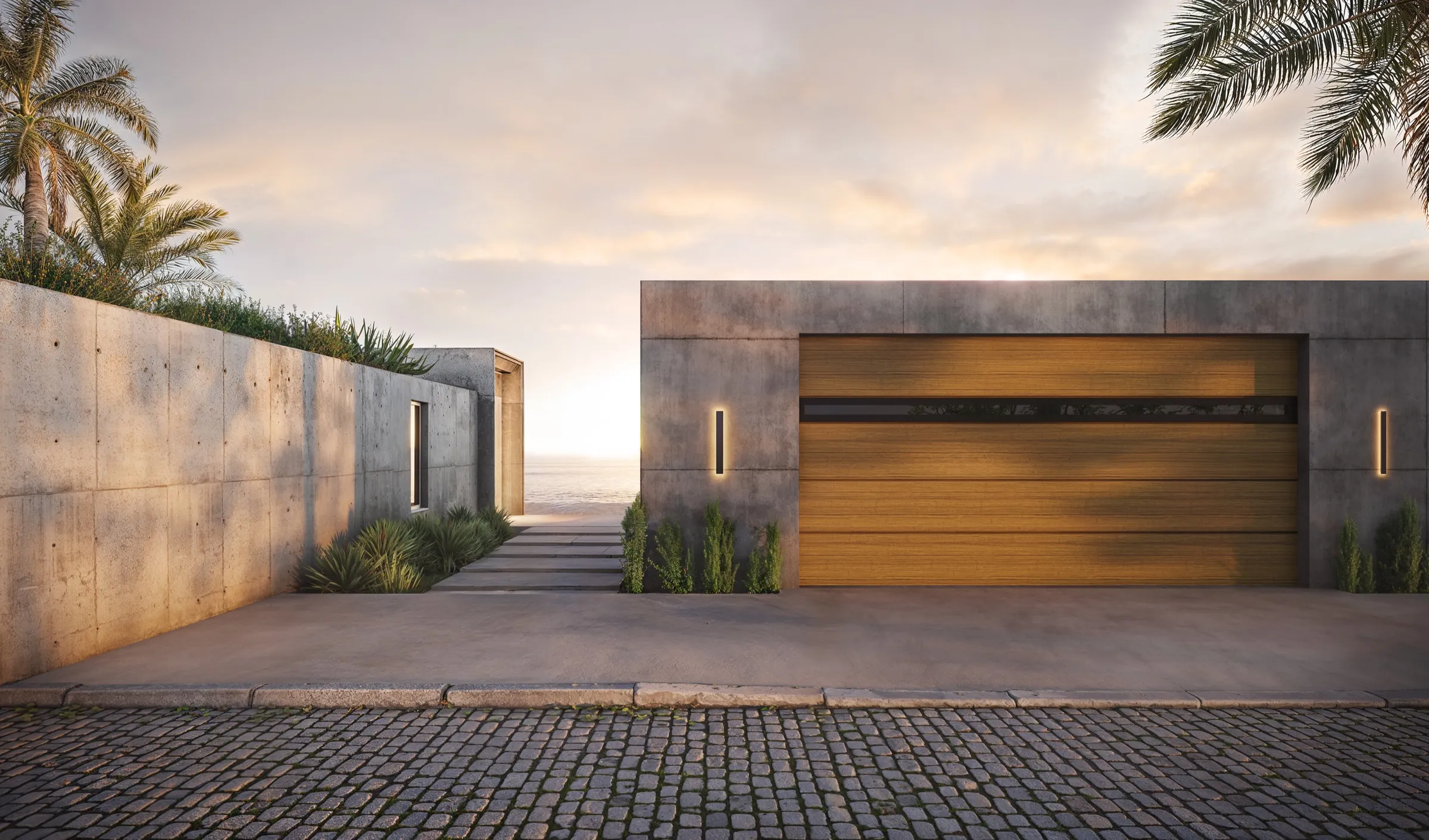 Exterior 3D rendering of a concrete beach house at sunset, with a wood-tone garage door, a cobbled drive and palms against the ocean