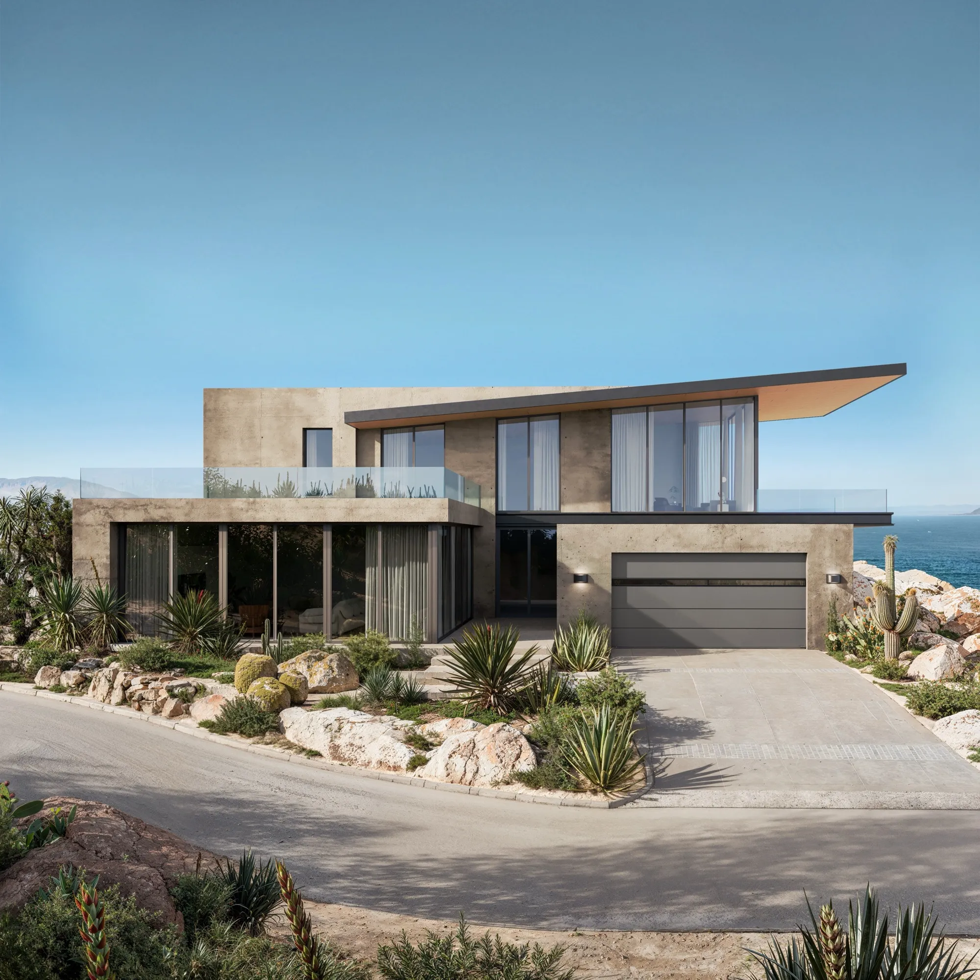 3D exterior rendering of a concrete coastal modern home on a rocky point above the ocean, with a cantilevered roof, full-height glazing, a gray garage door and desert planting