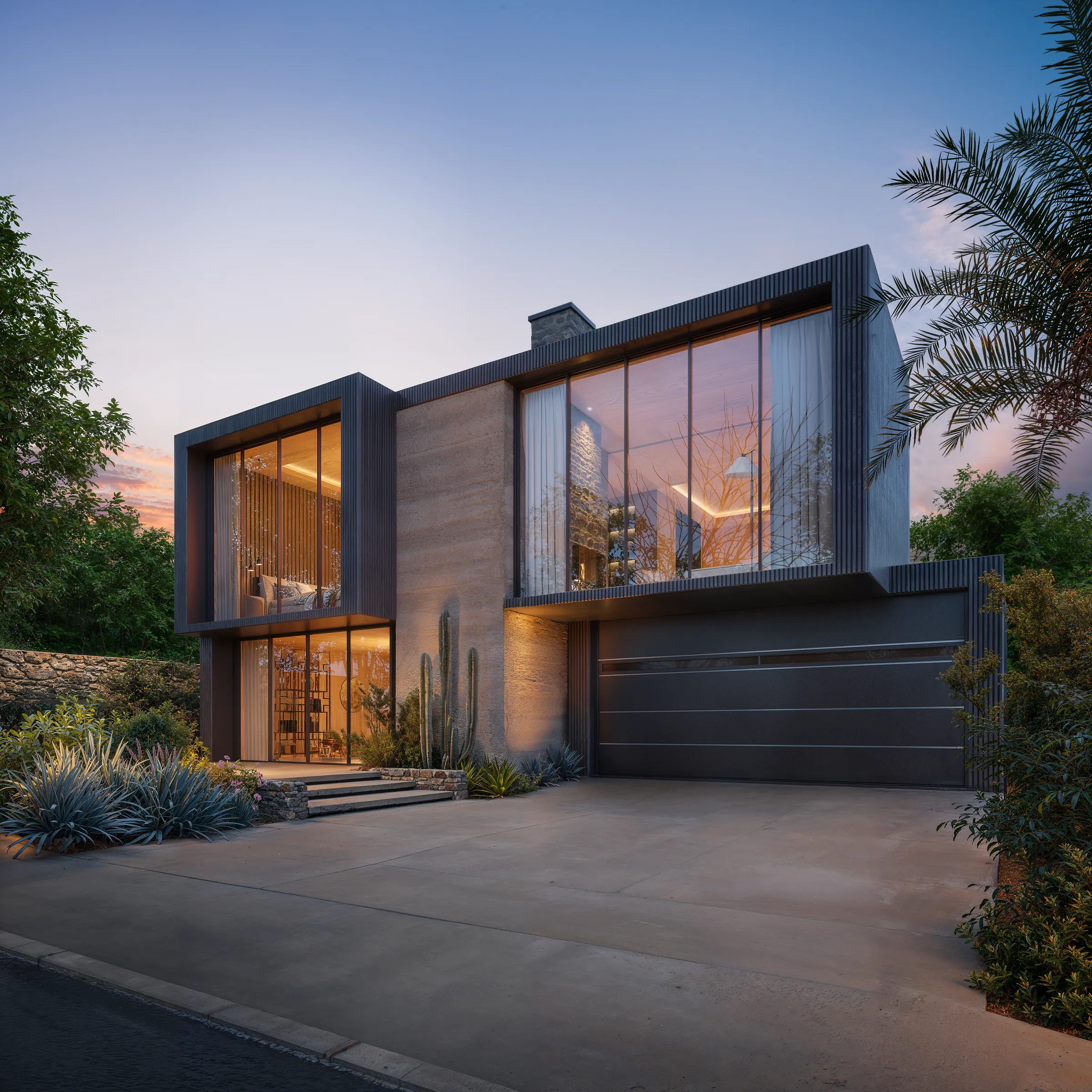 Dusk 3D exterior rendering of a two-story contemporary home with floor-to-ceiling glazing, a timber-clad volume and a dark garage door