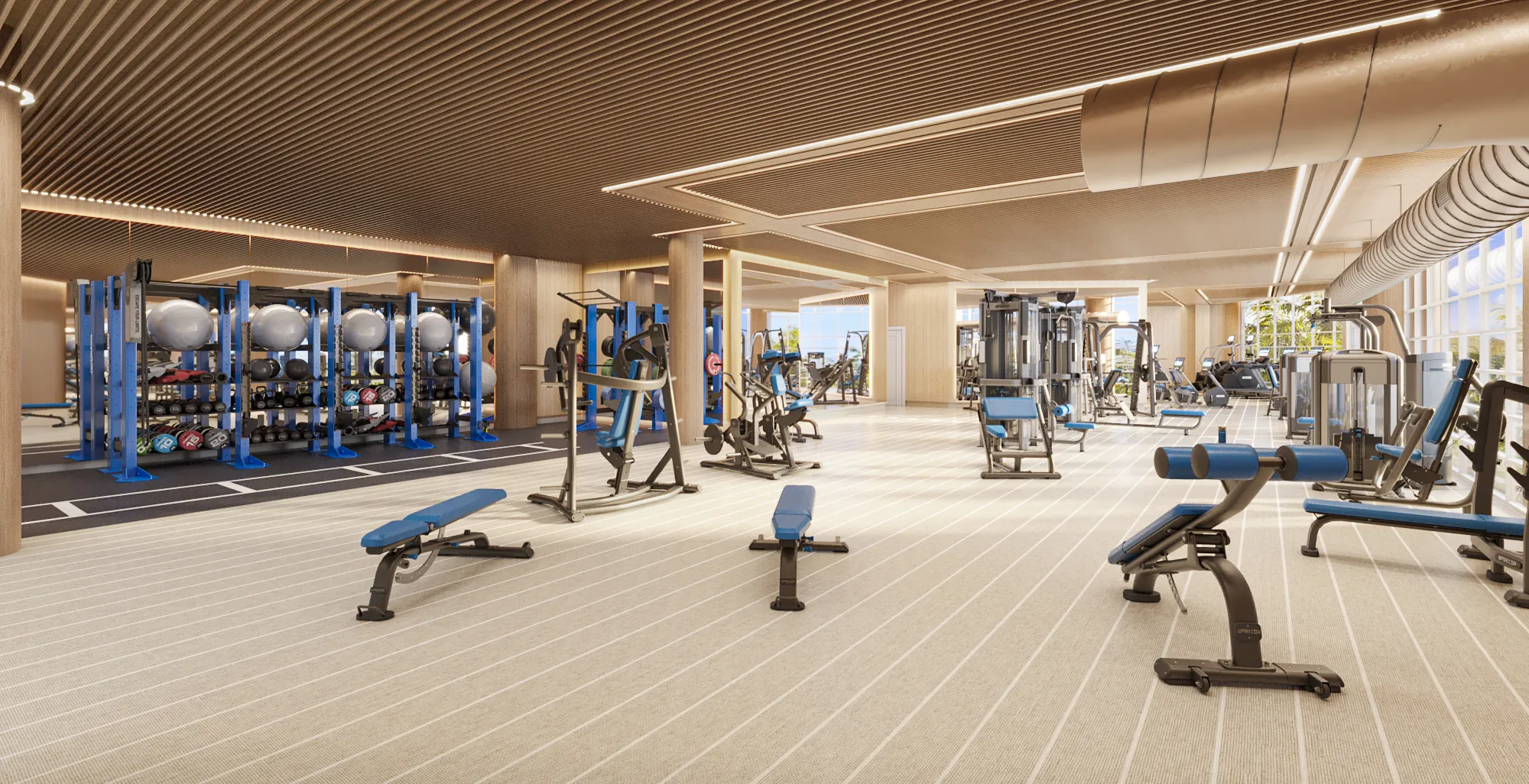 3D rendering of the strength-equipment area at the Continuum Sporting Club on South Beach, with selectorized machines, benches, and blue storage racks across an open floor under a wood-slat ceiling.