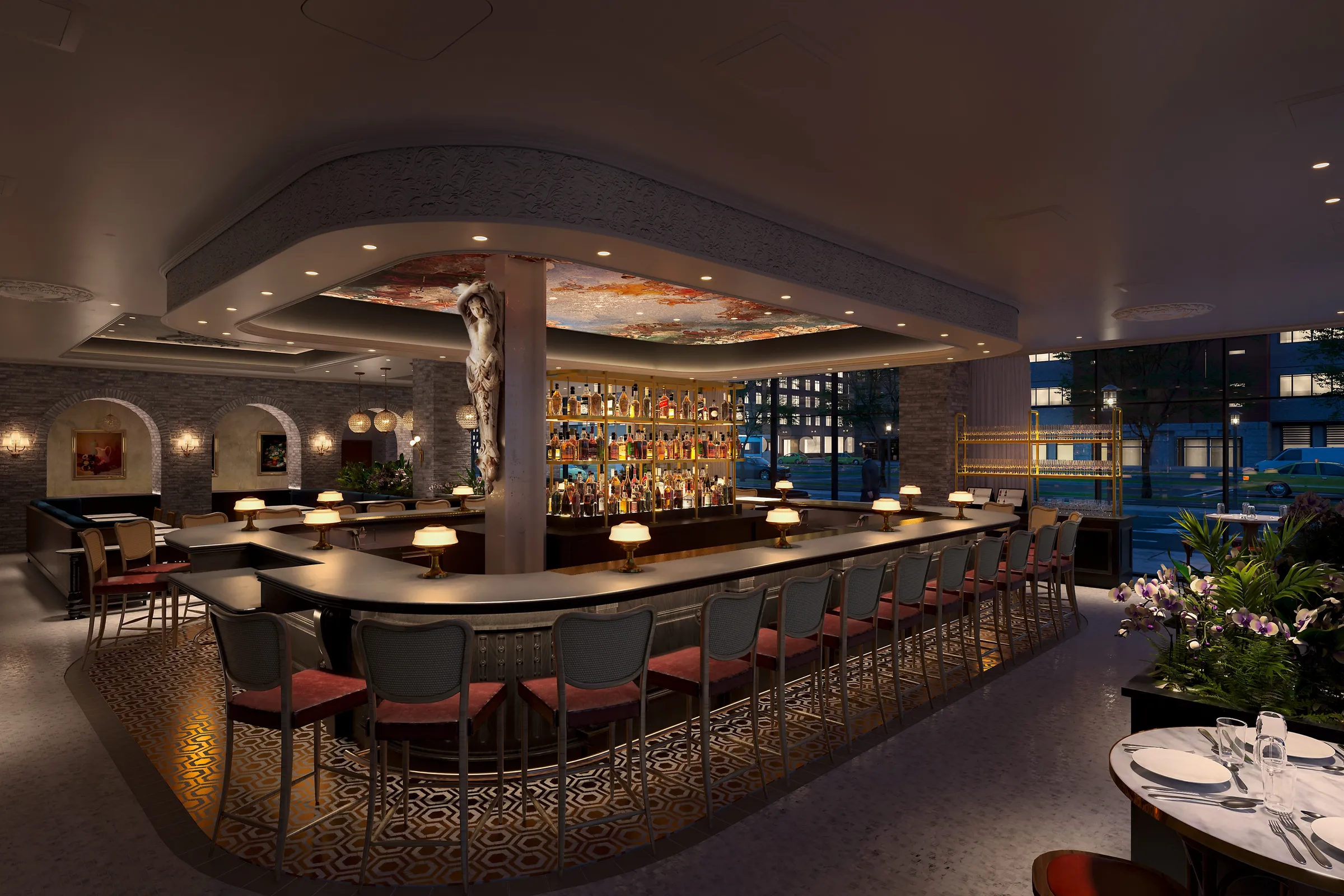 Night interior 3D rendering of the bar at Coquette in the Omni Boston Hotel at the Seaport, a long rounded bar with brass lamps and upholstered stools under a painted ceiling panel, with a sculpted figure on the central column and the street seen through tall windows.