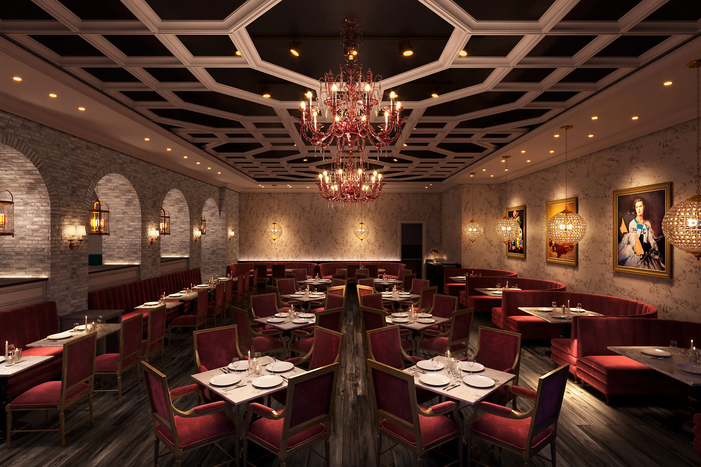 Night interior 3D rendering of the main dining room at Coquette in the Omni Boston Hotel at the Seaport, red velvet armchairs and curved banquettes around marble-topped tables set with candles, under a black-and-white coffered ceiling with red glass chandeliers, crystal globe pendants, framed portraits on patterned wallcovering, and arched openings in a pale brick wall.