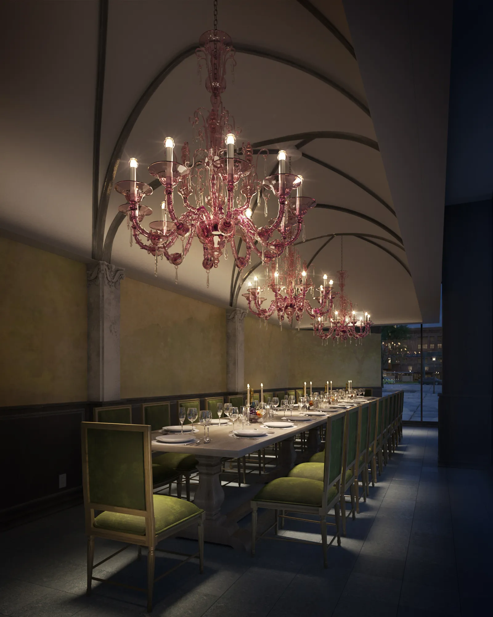 Night interior 3D rendering of the private dining room at Coquette in the Omni Boston Hotel at the Seaport, a long candlelit table with green velvet chairs under a vaulted, ribbed ceiling hung with three pink glass chandeliers, stone pilasters along an ochre wall, and a tall window onto the Seaport at dusk.