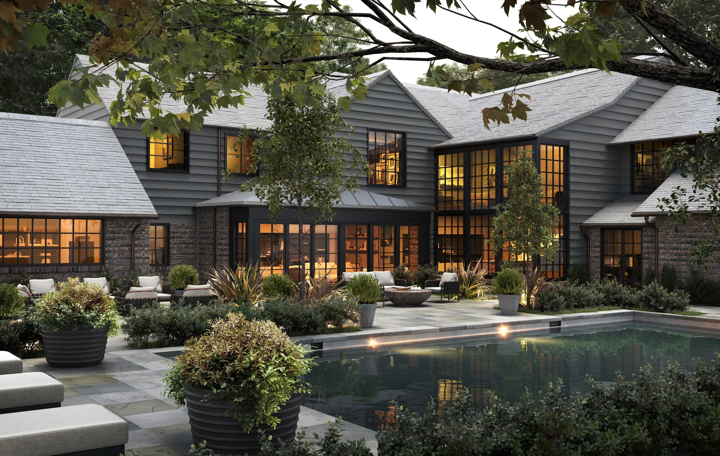 3D exterior rendering of a dark-shingled modern house at dusk, its lit windows reflected in the pool