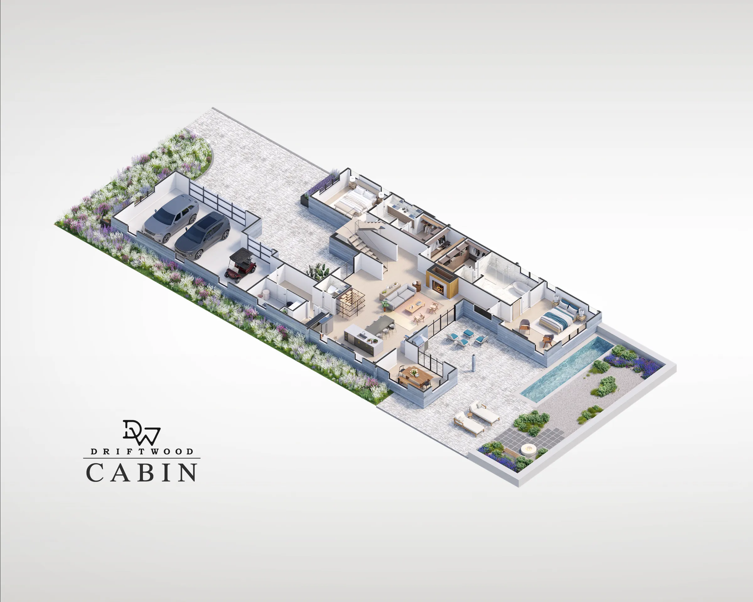Branded isometric 3D floor plan of a cabin at Driftwood Golf & Ranch Club in the Texas Hill Country, showing furnished bedrooms, an open living room and kitchen, a two-car garage, a pool terrace and native planting