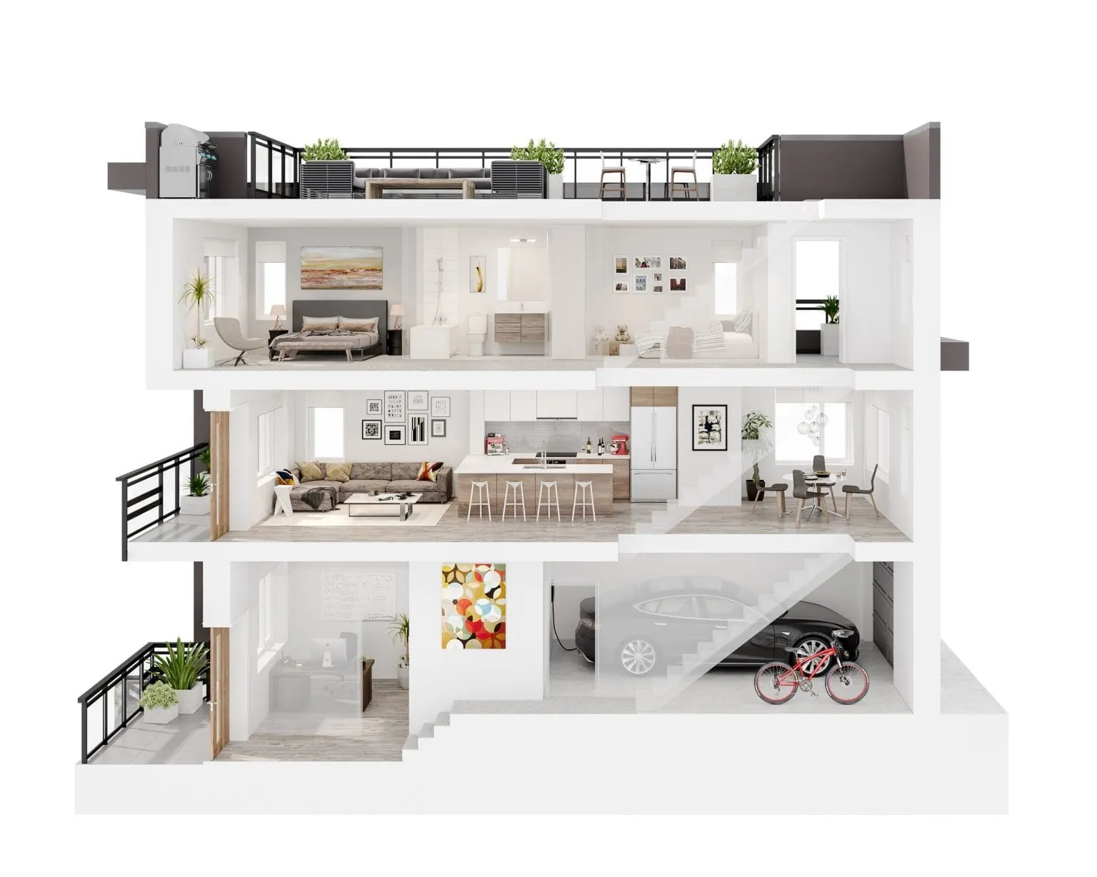 3D dollhouse cutaway of a three-level townhome at Eightonthird, Vancouver, showing the rooftop deck, the furnished bedroom and living floors and the garage