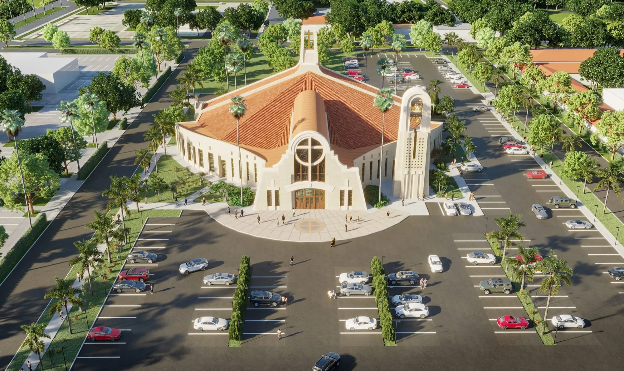 Daytime aerial 3D rendering of the renovated Epiphany Cathedral in Venice, Florida, its terracotta roof fanning out behind the new front entrance, with the campanile, palm-lined parking court, and surrounding streets.
