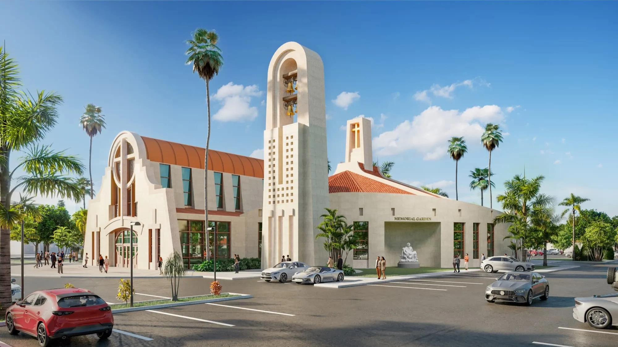 Daytime 3D rendering of the Epiphany Cathedral campanile and the memorial garden niche on the northeast facade, a white Pieta statue set into the curved wall under gold Memorial Garden lettering, with palms and parked cars along the street.