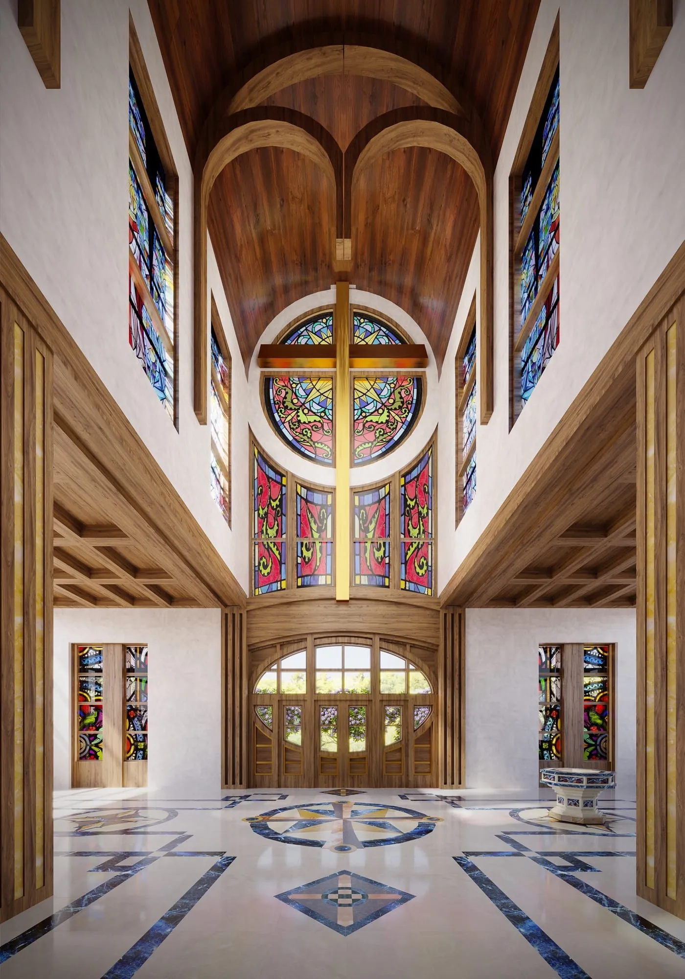 Interior 3D rendering of the Epiphany Cathedral narthex, the rose window with its gold cross glowing above arched mahogany entry doors, flanked by tall stained glass panels over a patterned marble floor.