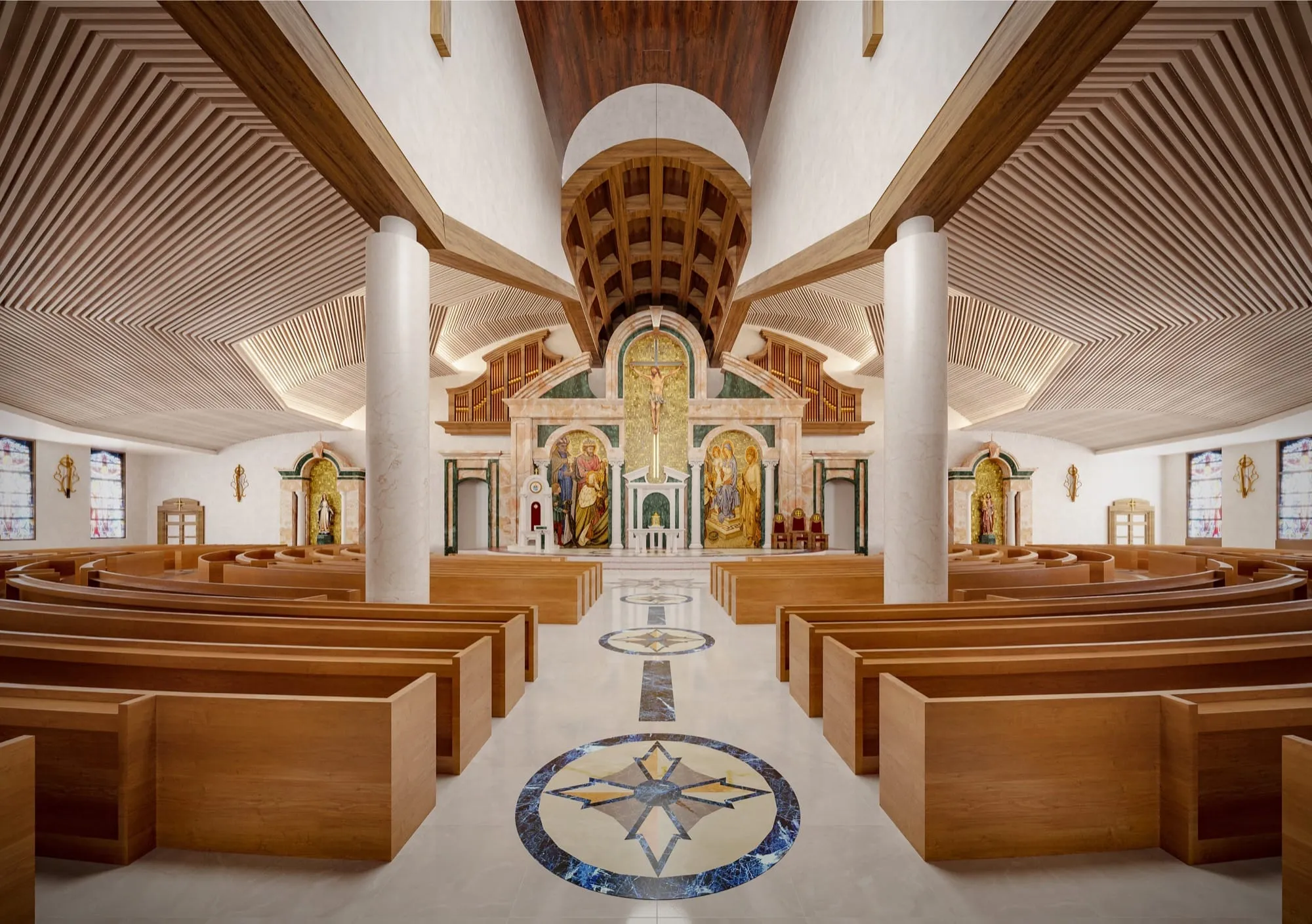 Interior 3D rendering of the renovated Epiphany Cathedral nave in Venice, Florida, looking toward the sanctuary, wooden pews flanking a marble aisle with a blue star medallion, slatted timber ceilings curving overhead between white columns.
