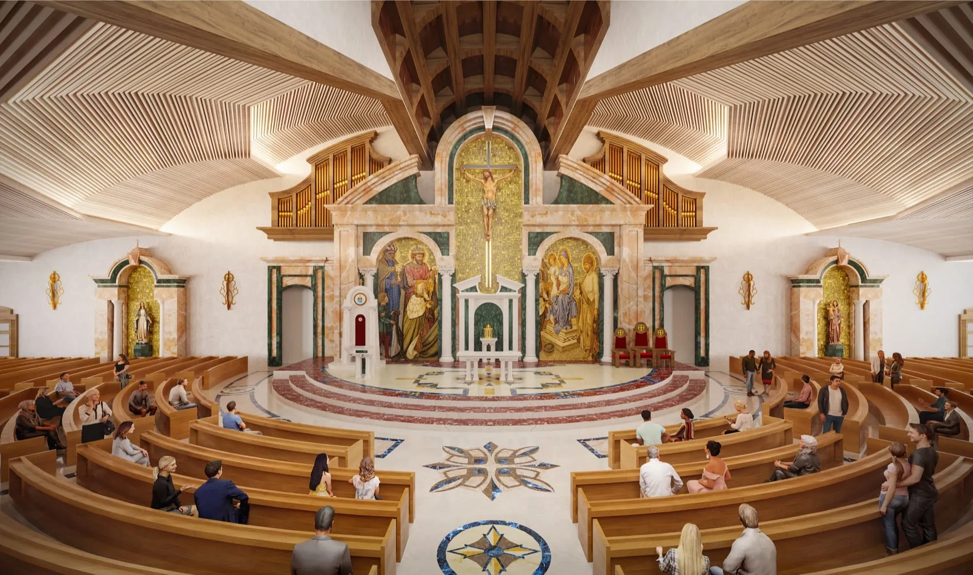 Interior 3D rendering of the renovated Epiphany Cathedral sanctuary with a congregation seated in curved wooden pews, the marble reredos carrying a gold mosaic of the Epiphany behind the altar, under a fan-vaulted timber ceiling.