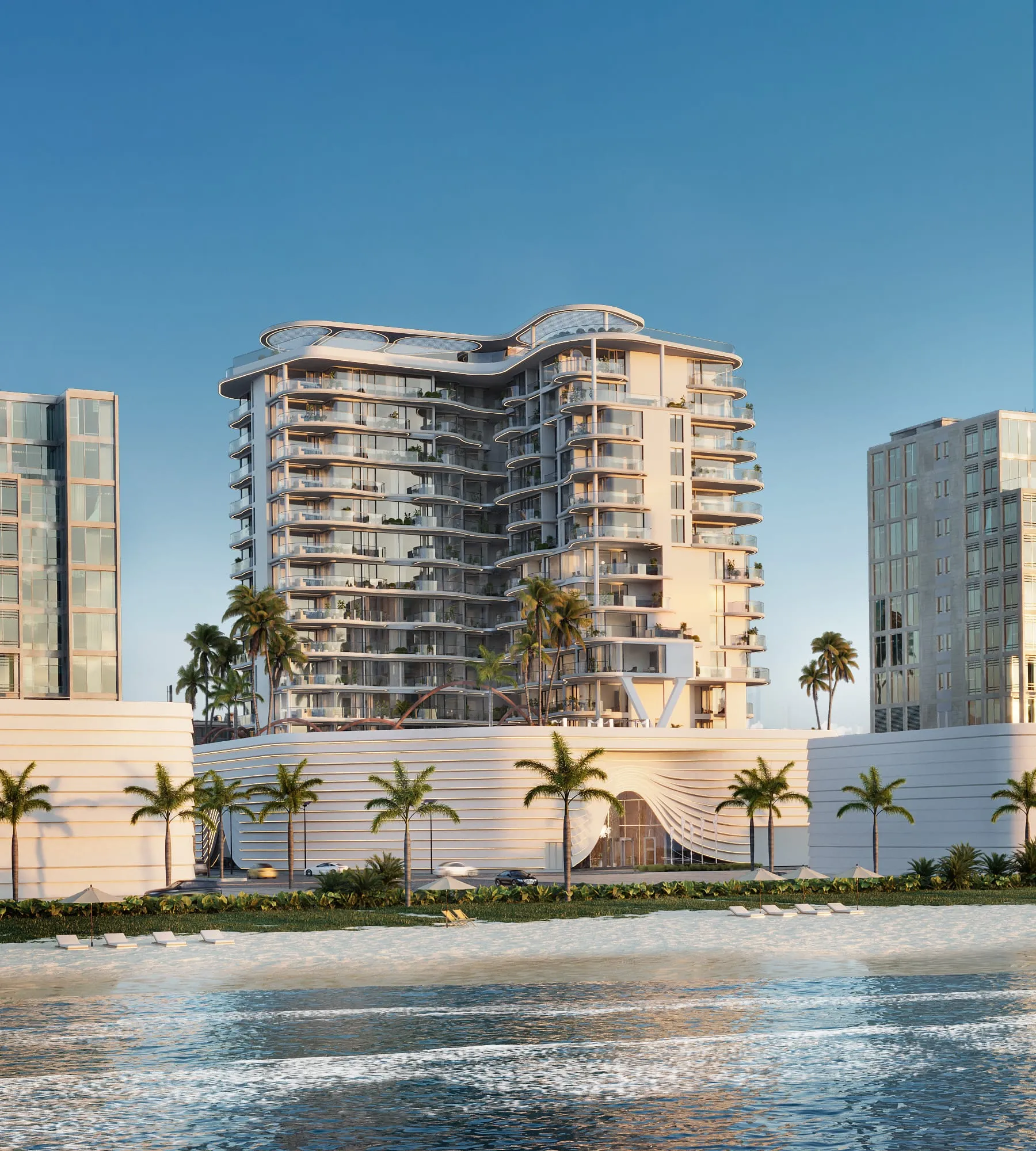 Aerial 3D rendering of Esmé Beach Residences from over the water, Dubai Islands