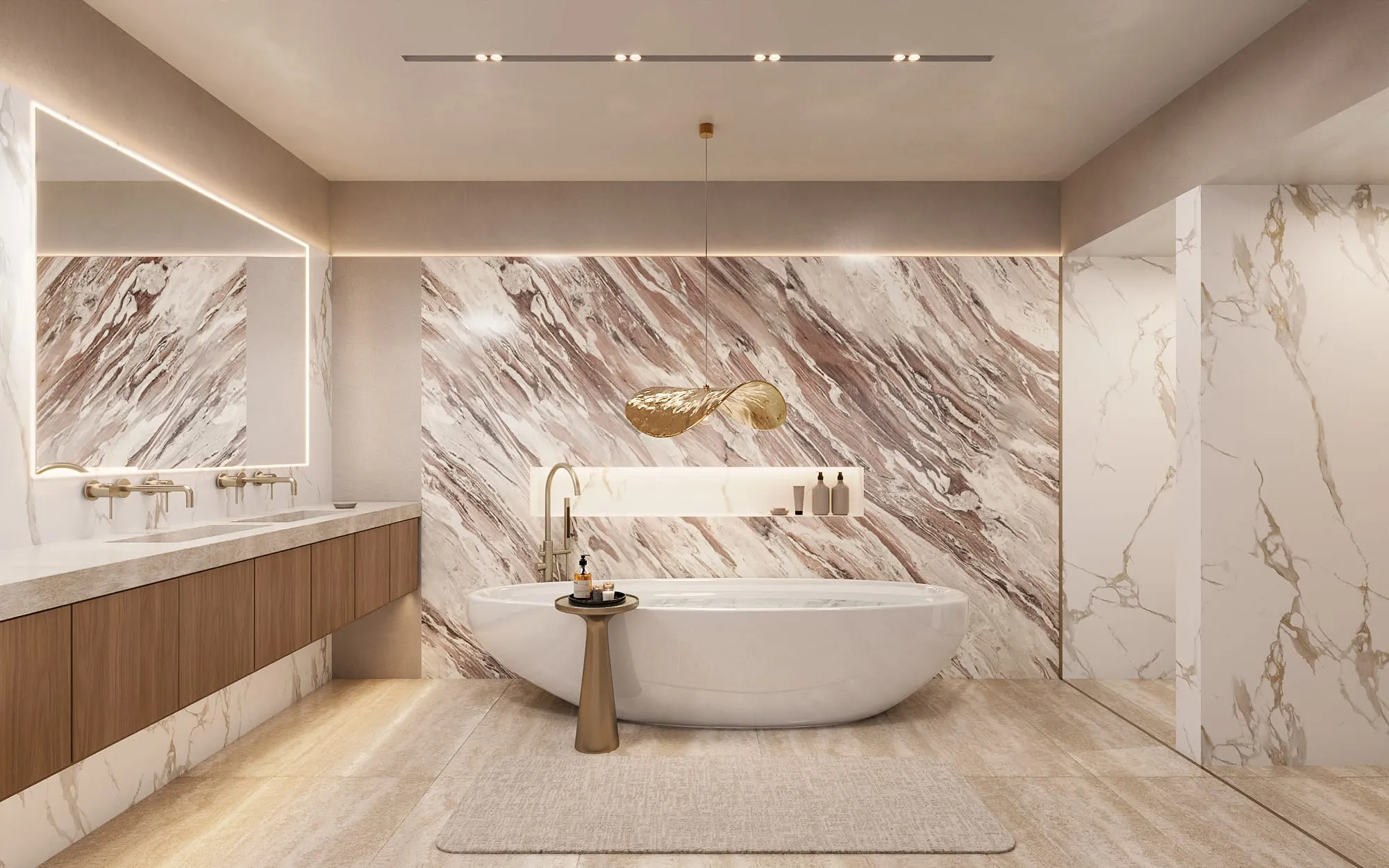 Interior 3D rendering of a bathroom at Esmé Beach Residences, a freestanding white bathtub against a dramatic book-matched rose-veined marble wall, a floating double vanity, and a sculptural gold pendant over the tub.