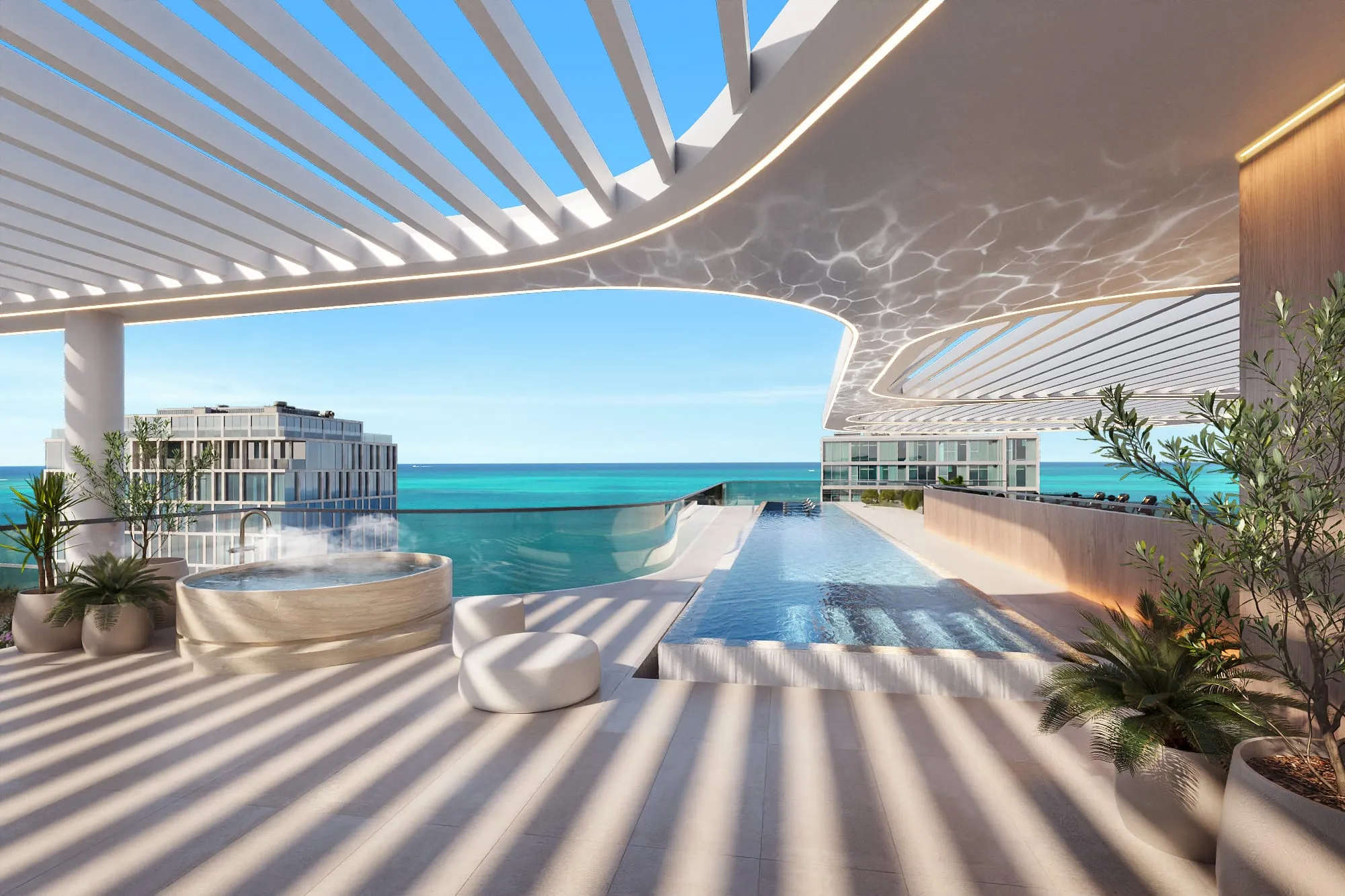 3D rendering of the rooftop lap pool at Esmé Beach Residences under a sculpted white pergola, the turquoise sea on the horizon