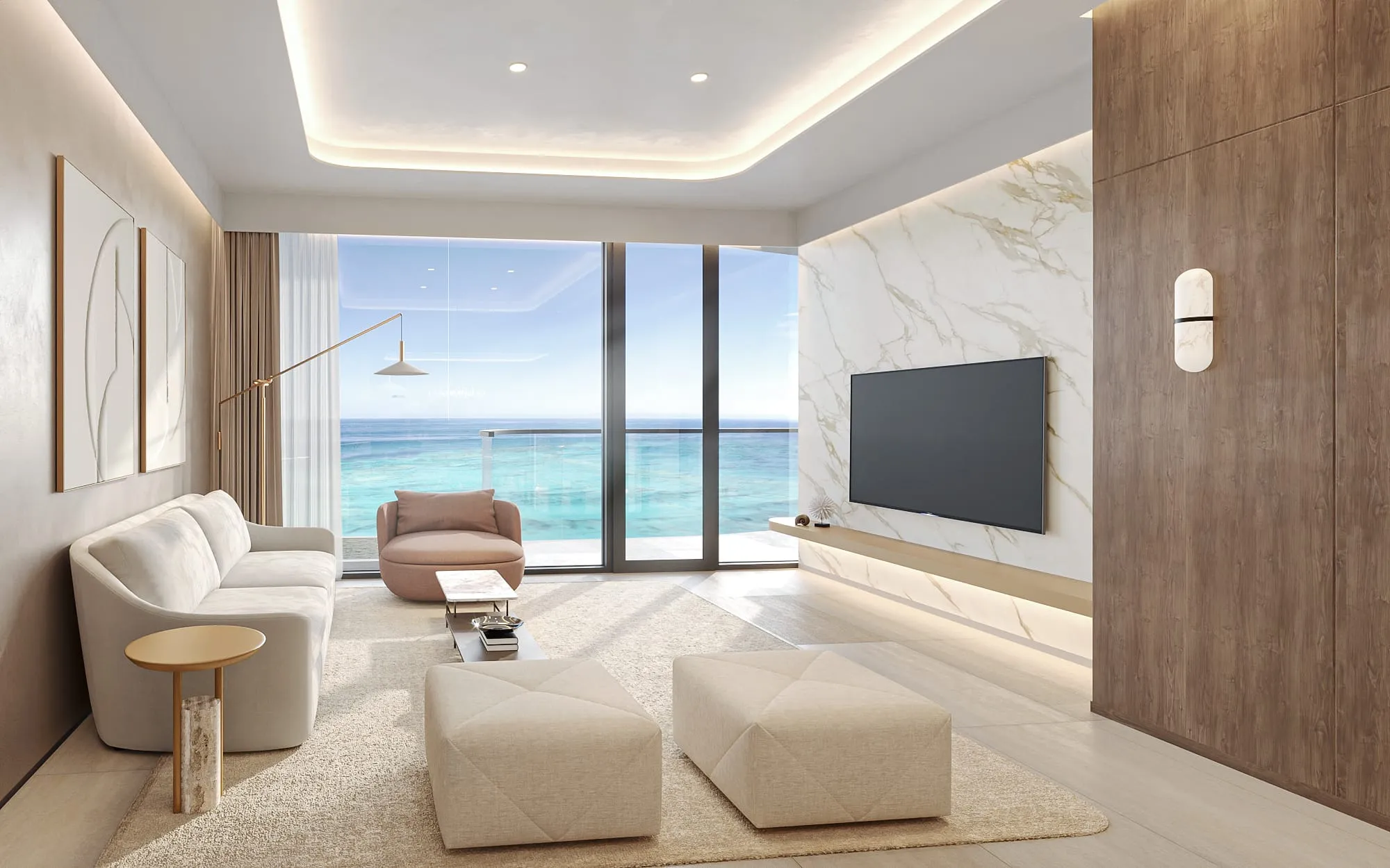 Interior 3D rendering of a living room at Esmé Beach Residences facing the Arabian Gulf