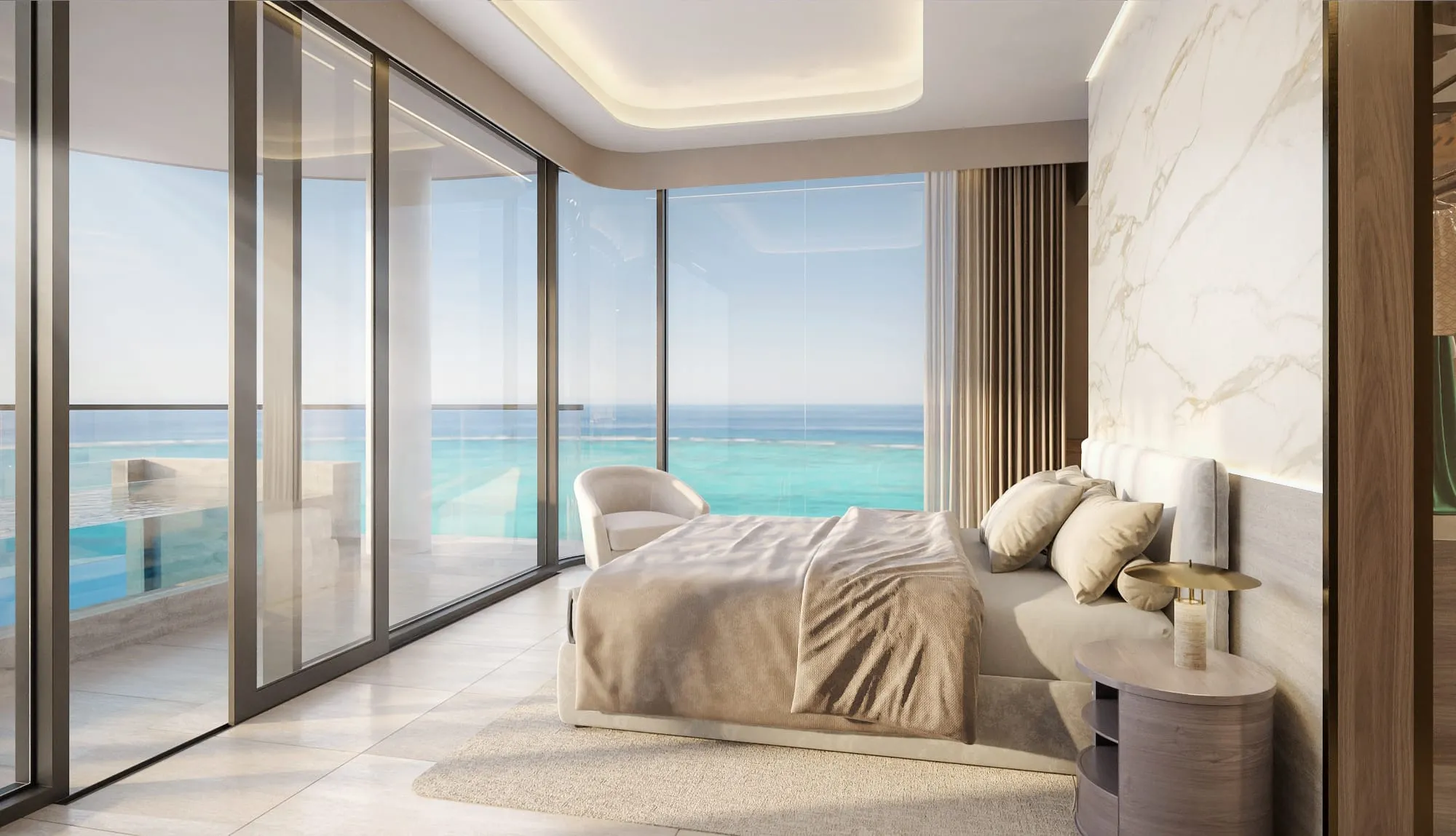 Interior 3D rendering of the primary bedroom at Esmé Beach Residences, glazed on two sides to a terrace plunge pool and the Arabian Gulf