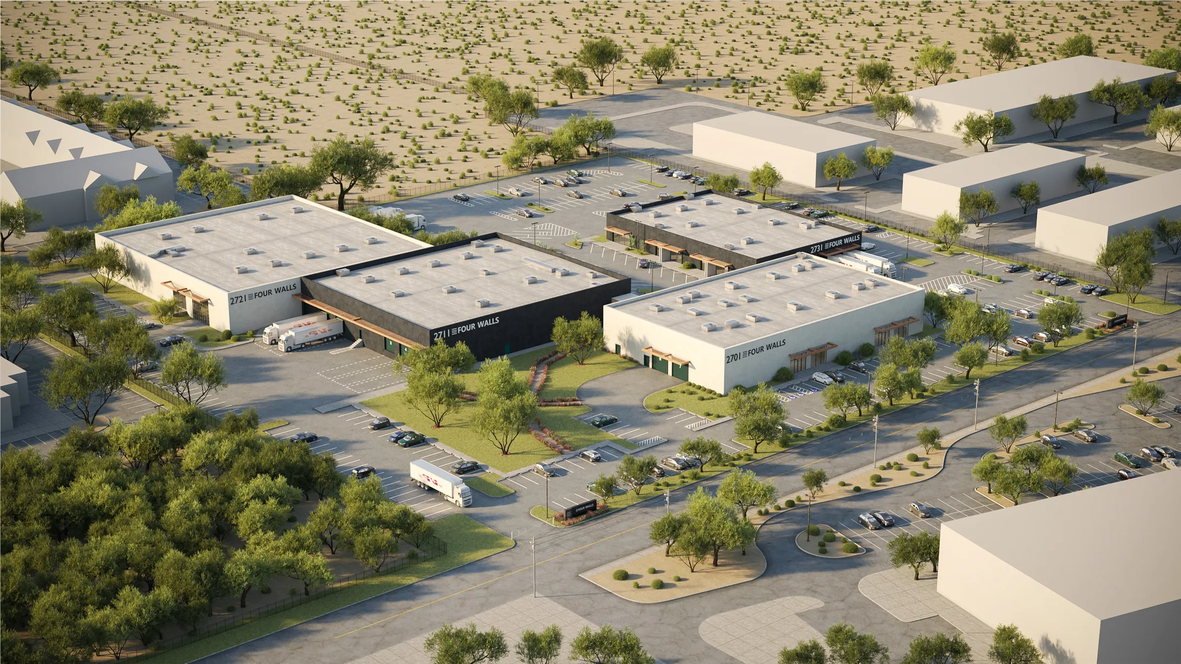 Daytime aerial 3D rendering of Four Walls, a four-building flex and industrial park on Elvira Road in Tucson, Arizona, shown with the charcoal Four Walls branding, shared parking courts, desert landscaping, and mountains beyond.