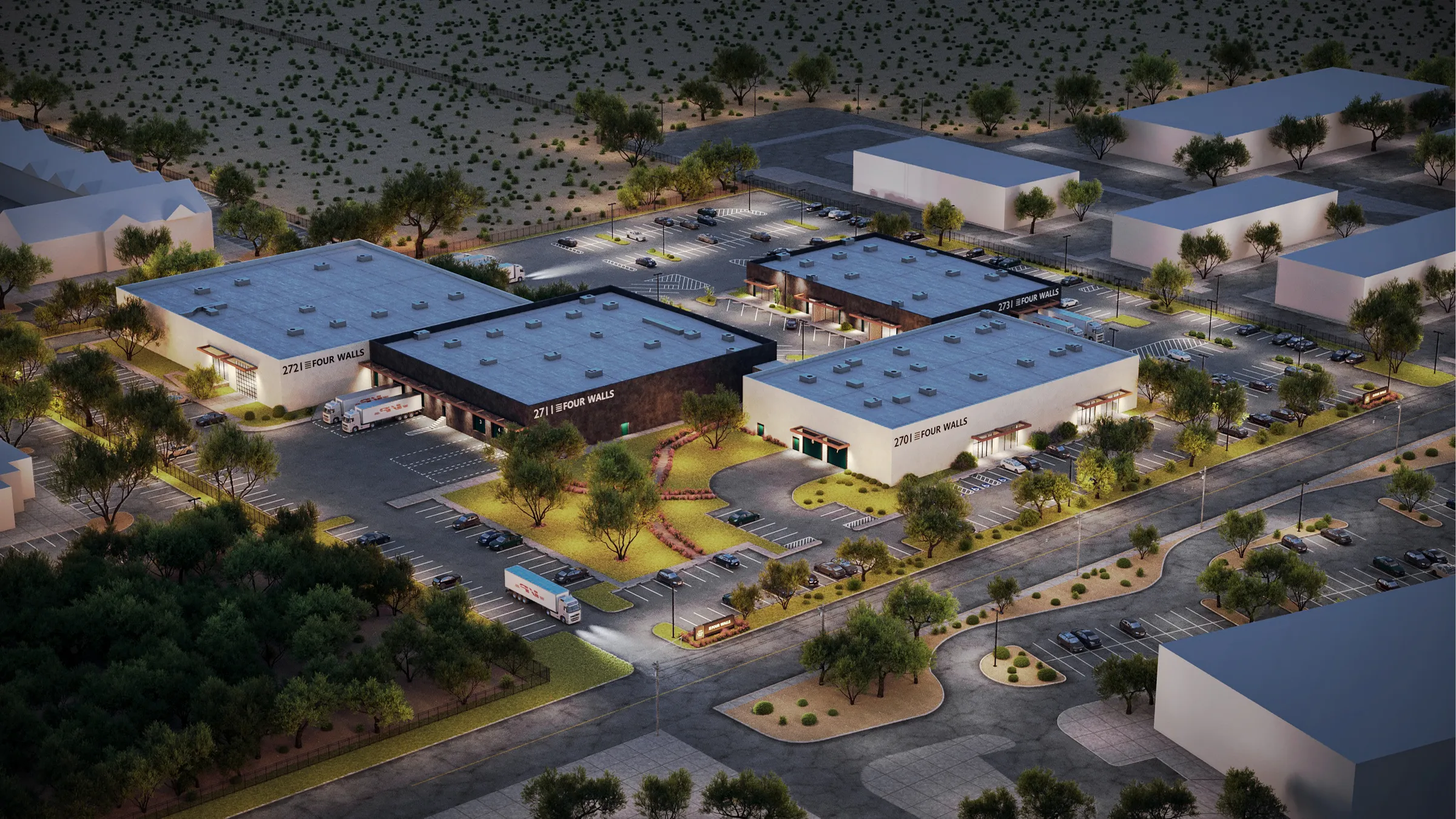 Night aerial 3D rendering of Four Walls, the four flex buildings, parking courts, and Four Walls signage lit against the dark Tucson desert.