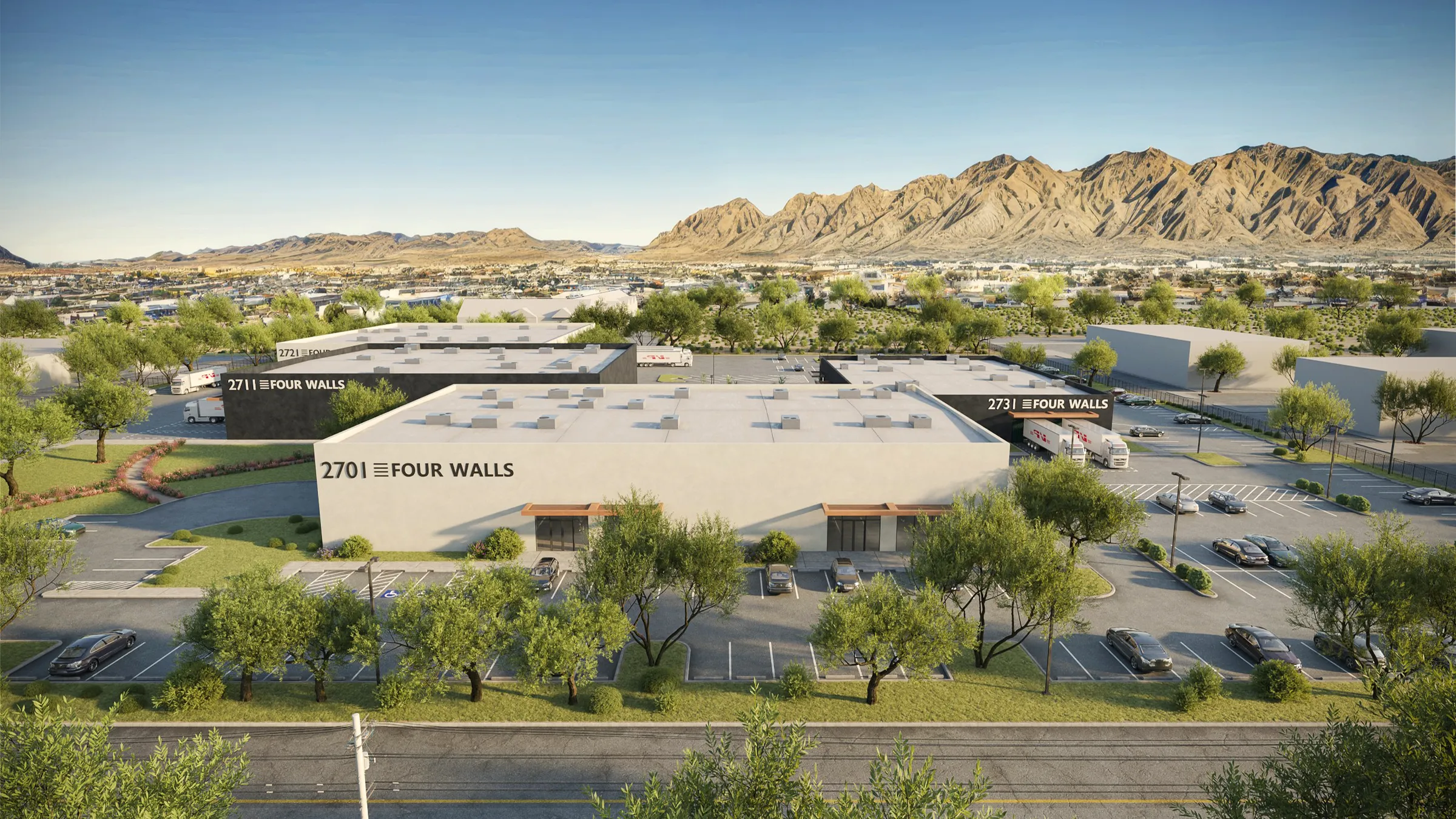 Street-level 3D rendering of Four Walls from Elvira Road, the nearest building marked 2701 Four Walls, with desert landscaping, parked cars, and the Tucson mountains on the horizon.