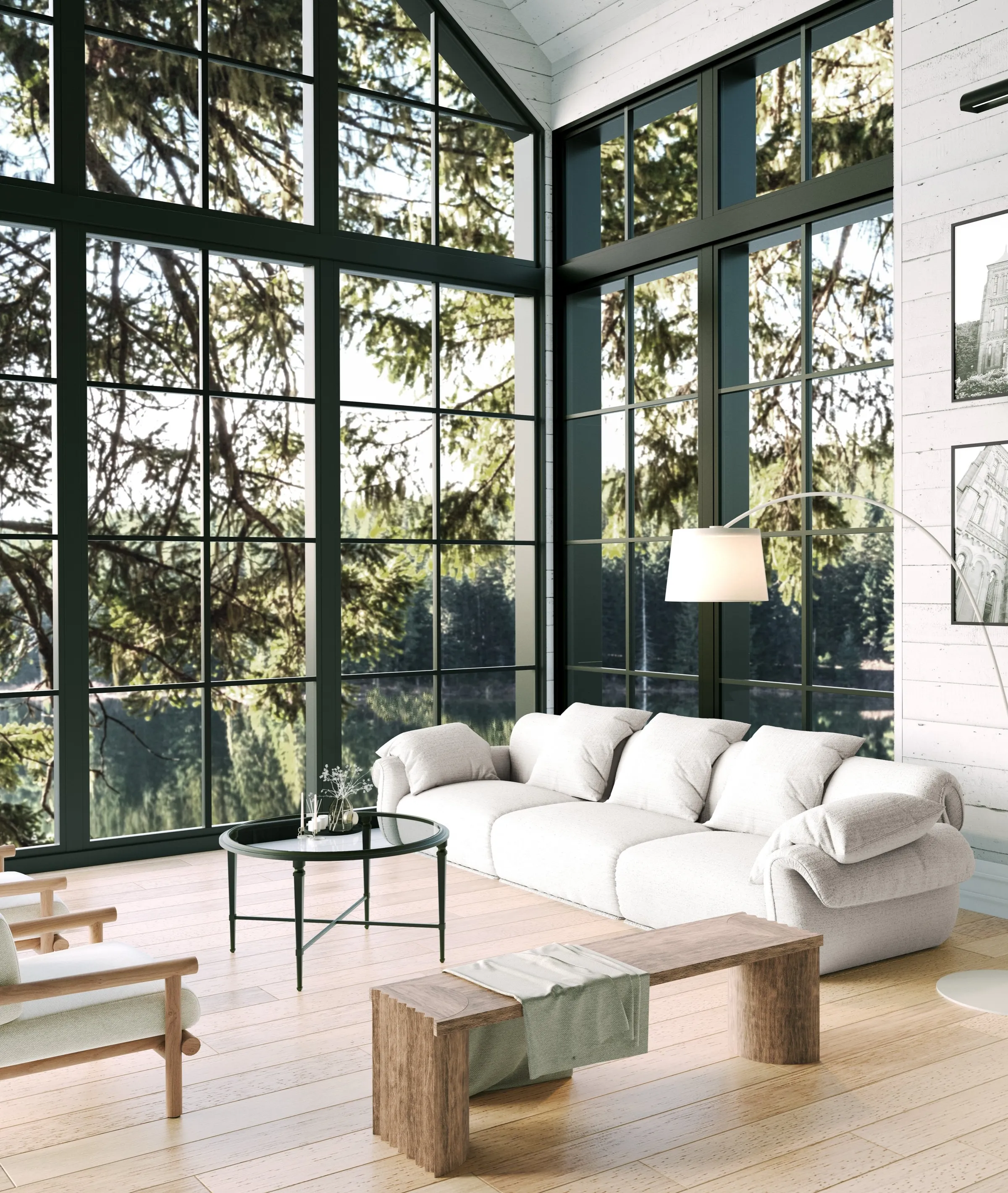 Interior 3D rendering of a double-height gabled living room with black steel windows onto a forest