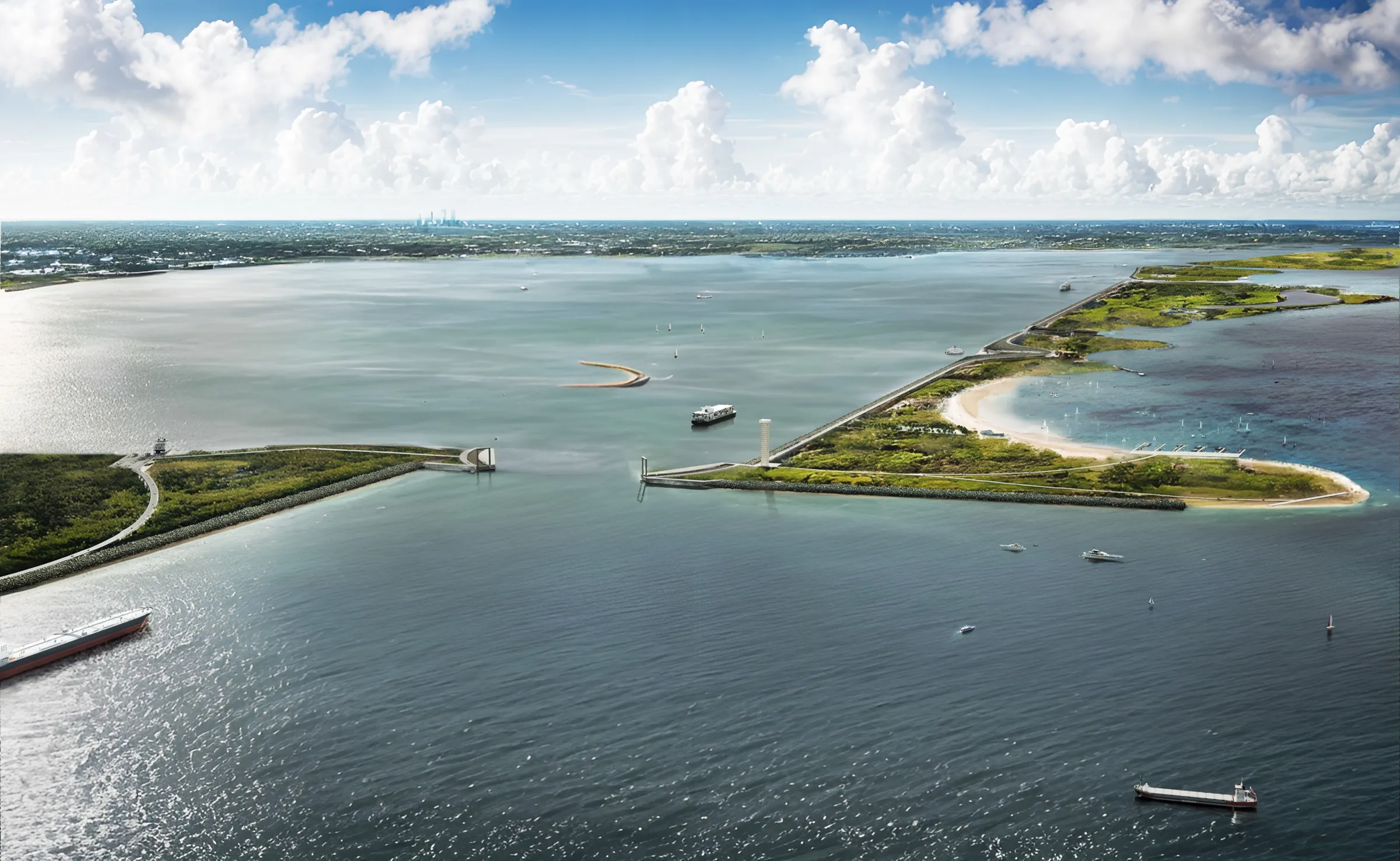 Aerial 3D rendering of the proposed Galveston Bay Park in Texas, a navigation gate standing open between two new park islands across a shipping channel, with a beach cove and marina on one island and ships crossing the bay.
