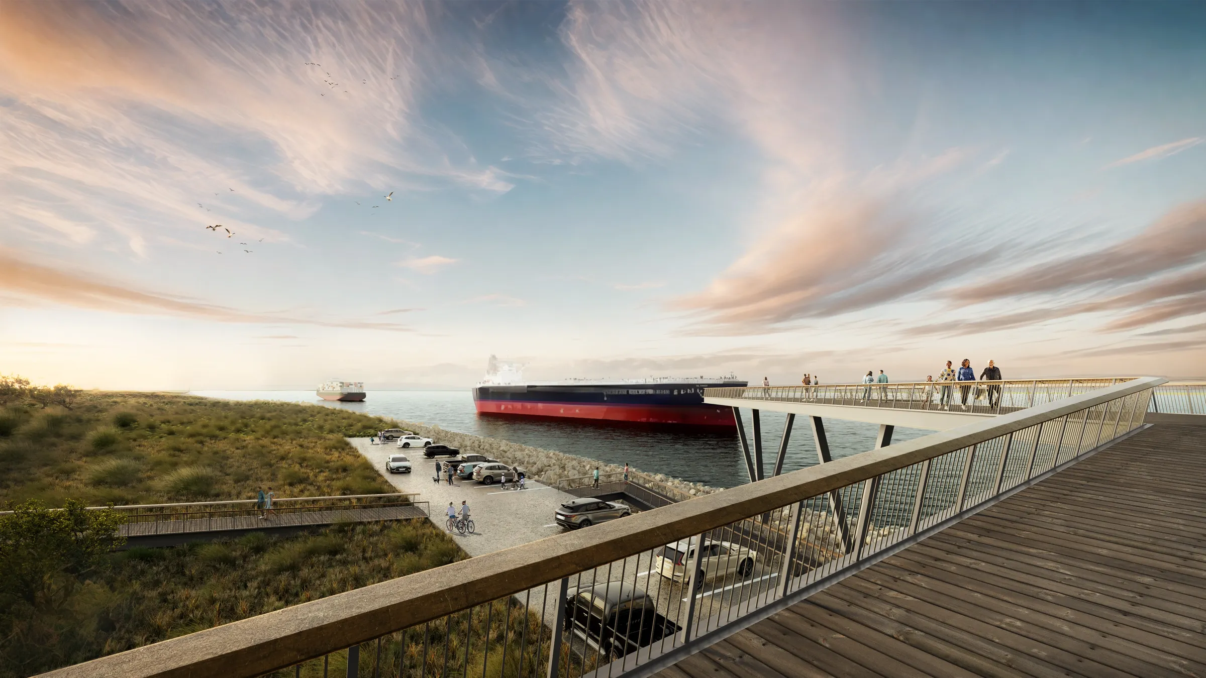 Eye-level 3D rendering of the ship-viewing platform proposed for Galveston Bay Park in Texas, a cantilevered timber deck with steel railings over dune grasses and a parking area, with visitors watching a red-hulled tanker pass along the ship channel at golden hour.