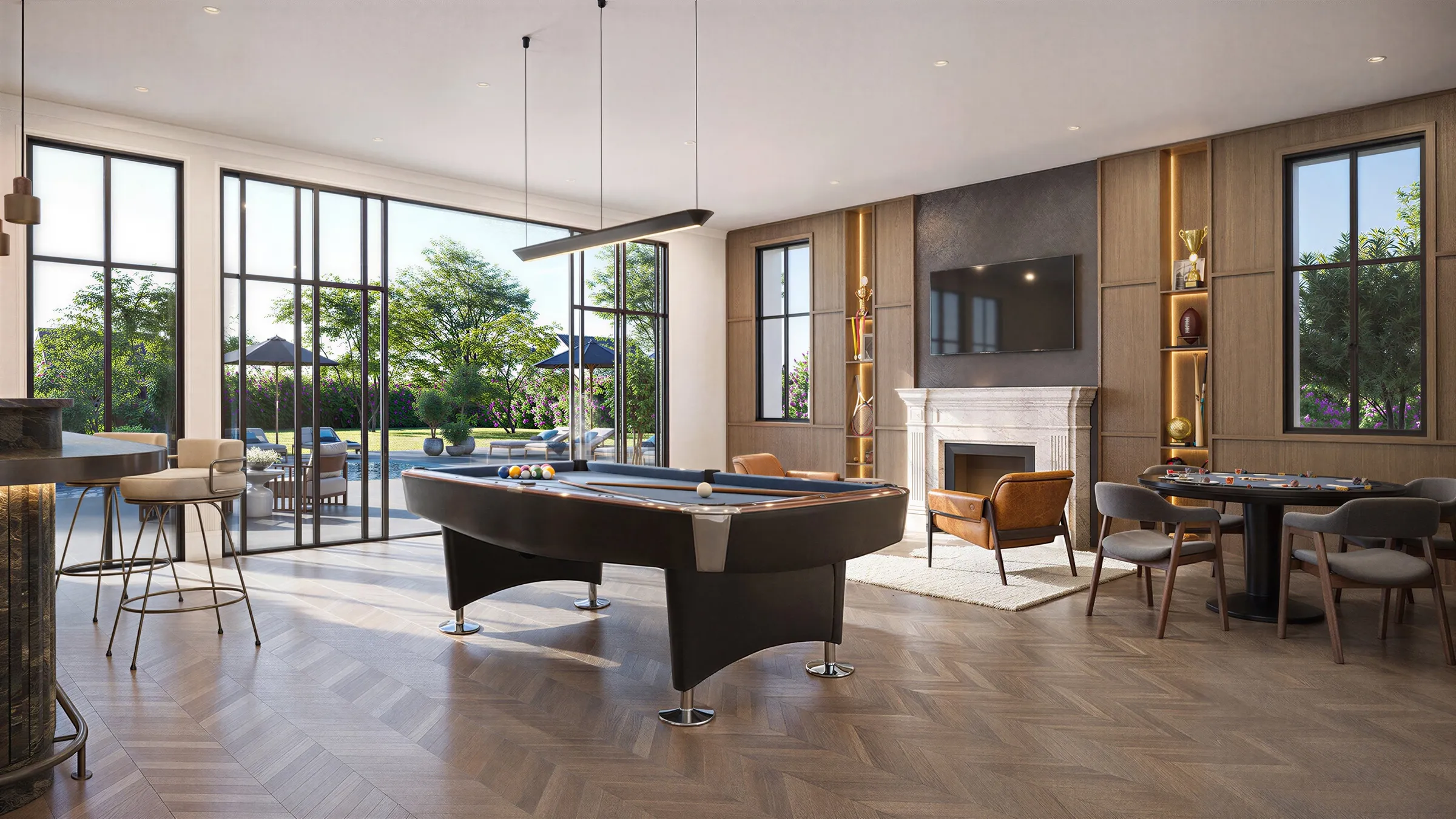 Interior 3D rendering of a game room with a billiard table, a bar and sliding doors to a pool terrace