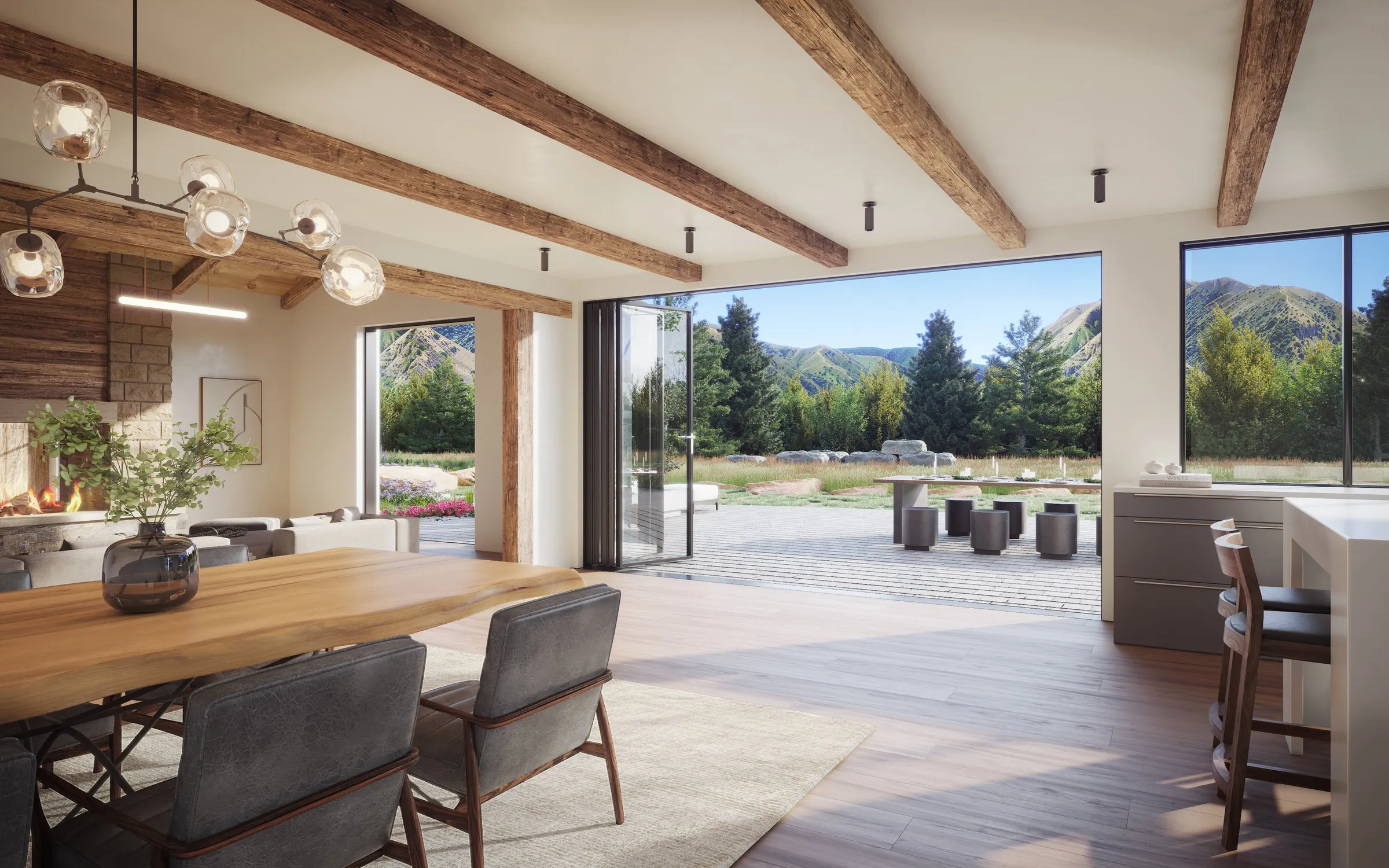 Interior 3D rendering of a beamed great room with its sliding glass wall open to a terrace and mountains